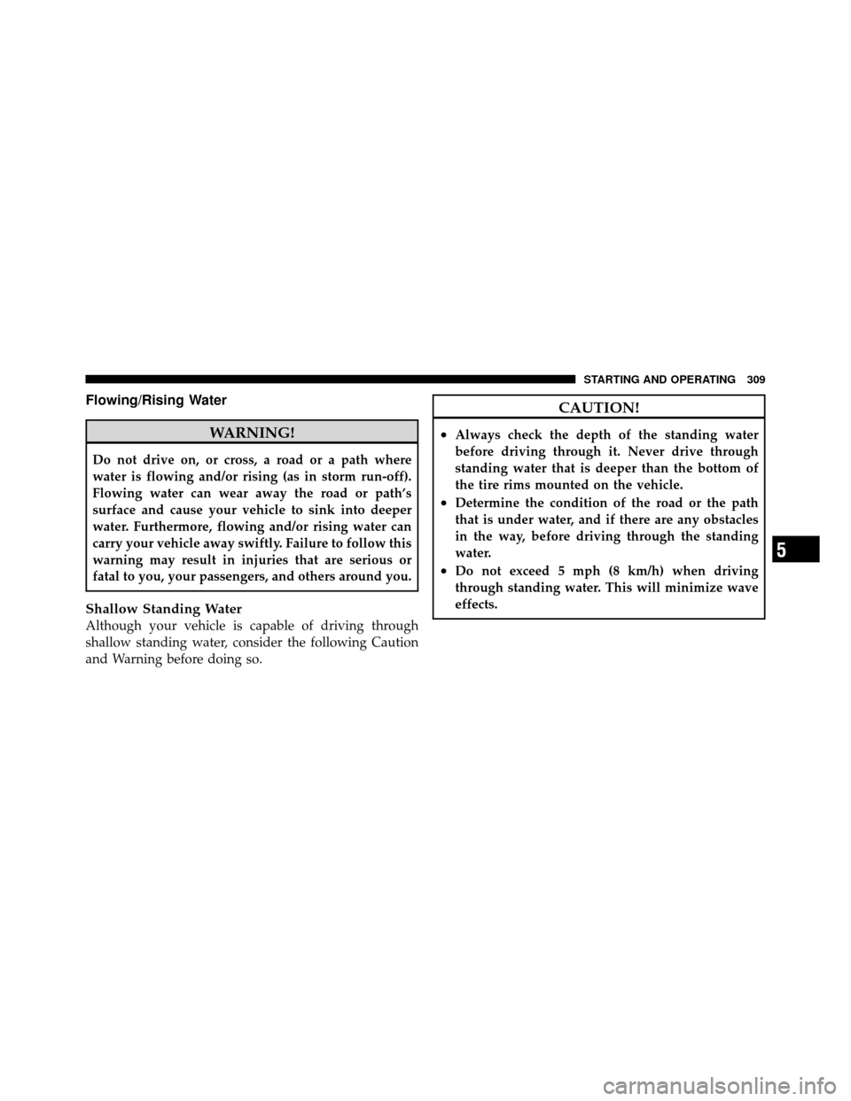 DODGE JOURNEY 2010 1.G Owners Manual Flowing/Rising Water
WARNING!
Do not drive on, or cross, a road or a path where
water is flowing and/or rising (as in storm run-off).
Flowing water can wear away the road or path’s
surface and cause