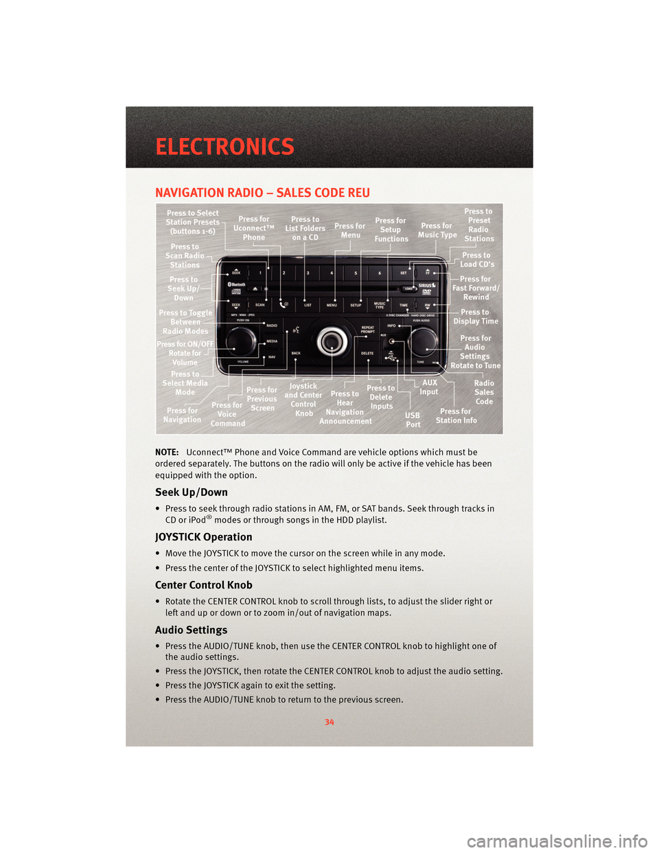 DODGE JOURNEY 2010 1.G User Guide NAVIGATION RADIO – SALES CODE REU
NOTE:Uconnect™ Phone and Voice Command are vehicle options which must be
ordered separately. The butt ons on the radio will only be active if the vehicle has been