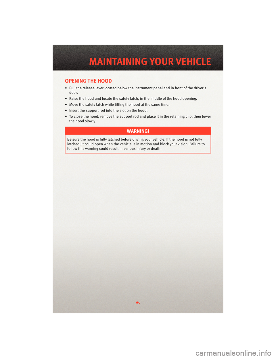DODGE JOURNEY 2010 1.G User Guide OPENING THE HOOD
• Pull the release lever located belowthe instrument panel and in front of the driver’s
door.
• Raise the hood and locate the safety latch, in the middle of the hood opening.
DODGE JOURNEY 2010 1.G User Guide OPENING THE HOOD
• Pull the release lever located belowthe instrument panel and in front of the driver’s
door.
• Raise the hood and locate the safety latch, in the middle of the hood opening.