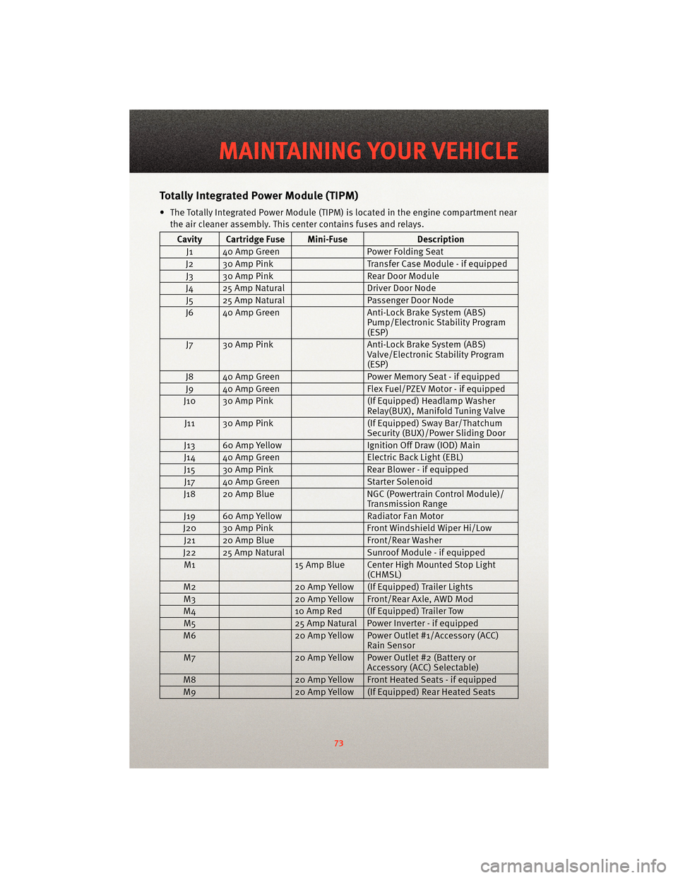 DODGE JOURNEY 2010 1.G User Guide TotallyIntegrated Power Module (TIPM)
• The Totally Integrated Power Module (TIPM) is located in the engine compartment near
the air cleaner assembly. This center contains fuses and relays.
Cavity C DODGE JOURNEY 2010 1.G User Guide TotallyIntegrated Power Module (TIPM)
• The Totally Integrated Power Module (TIPM) is located in the engine compartment near
the air cleaner assembly. This center contains fuses and relays.
Cavity C