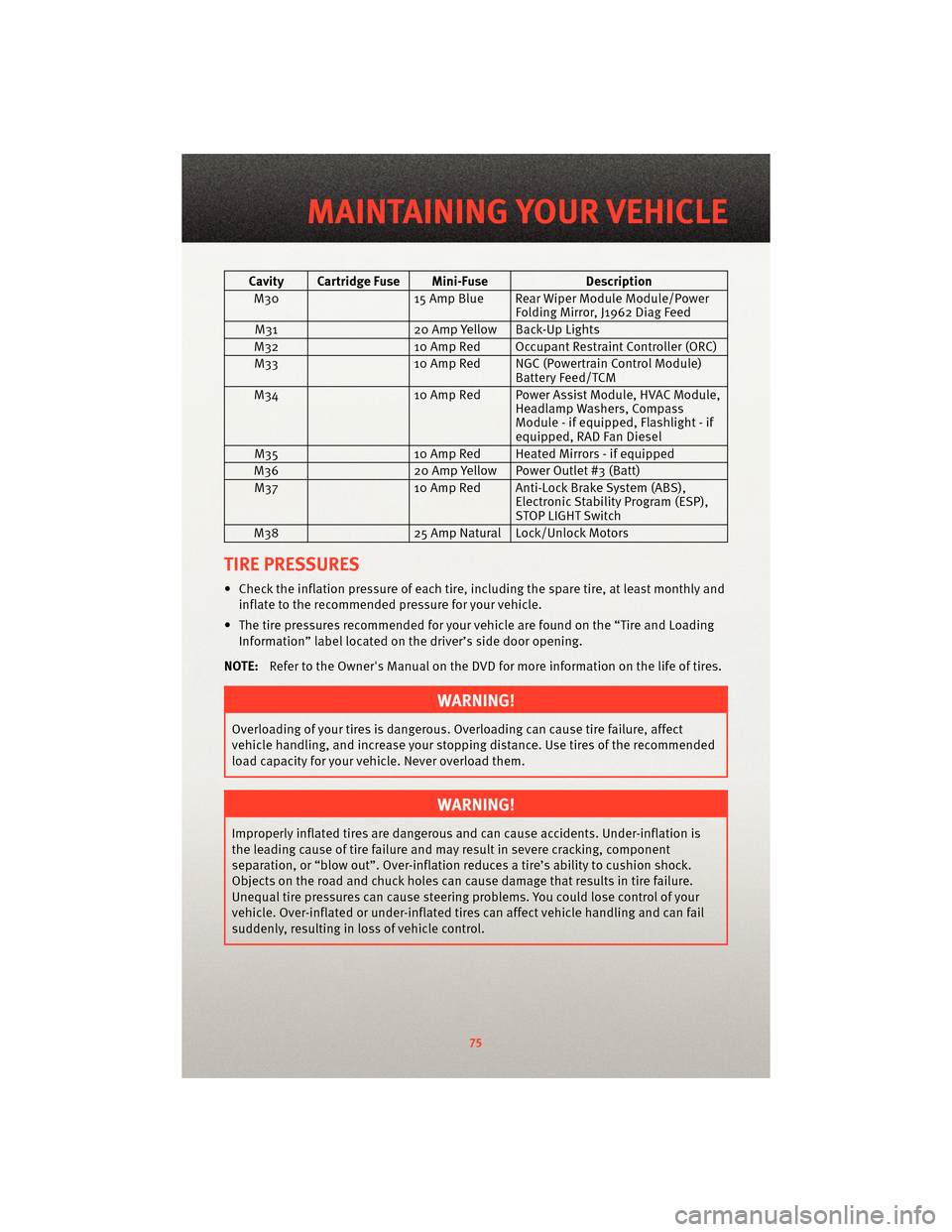 DODGE JOURNEY 2010 1.G User Guide Cavity Cartridge Fuse Mini-FuseDescription
M30 15 Amp Blue Rear Wiper Module Module/Power
Folding Mirror, J1962 Diag Feed
M31 20 Amp Yellow Back-Up Lights
M32 10 Amp Red Occupant Restraint Controller DODGE JOURNEY 2010 1.G User Guide Cavity Cartridge Fuse Mini-FuseDescription
M30 15 Amp Blue Rear Wiper Module Module/Power
Folding Mirror, J1962 Diag Feed
M31 20 Amp Yellow Back-Up Lights
M32 10 Amp Red Occupant Restraint Controller