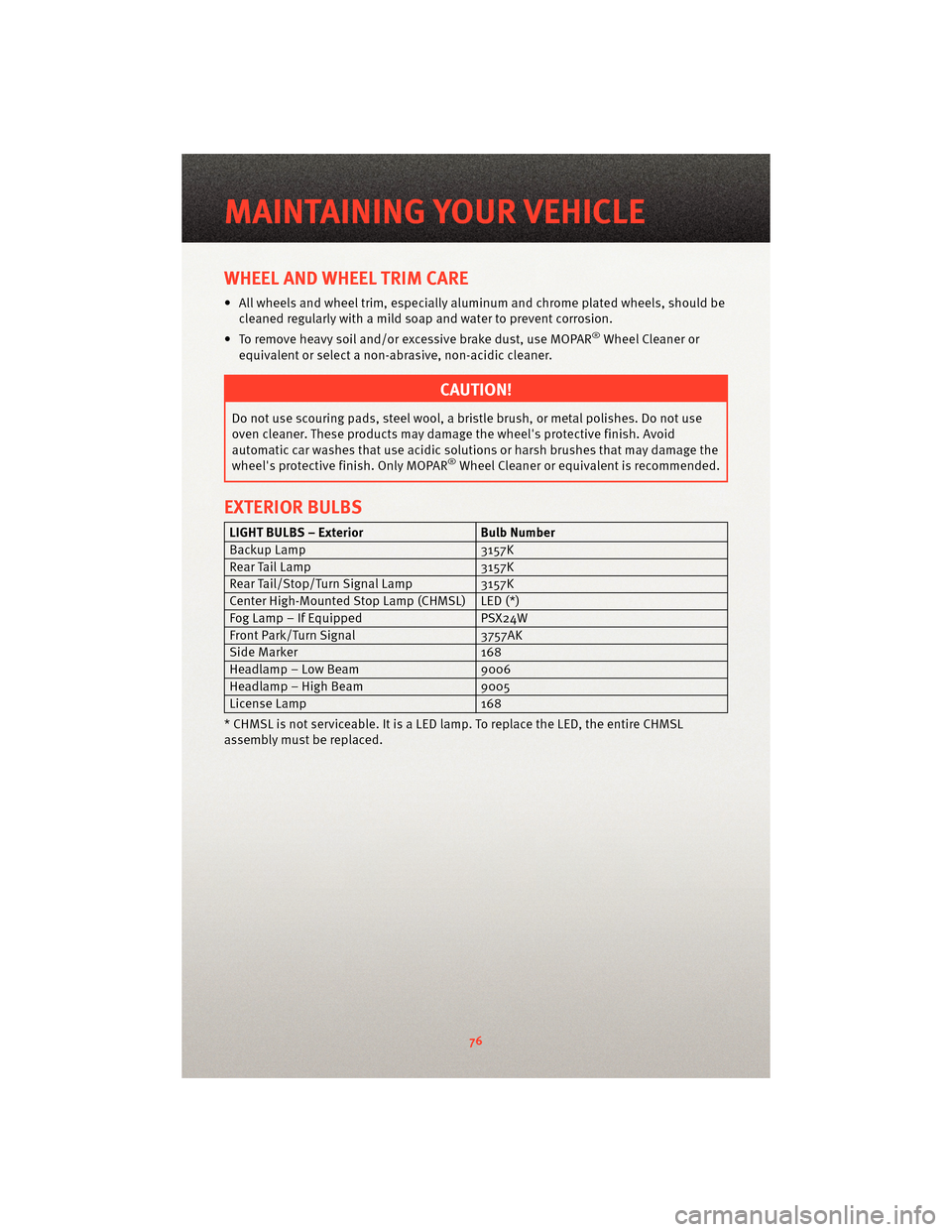 DODGE JOURNEY 2010 1.G User Guide WHEEL AND WHEEL TRIM CARE
• All wheels and wheel trim, especially aluminum and chrome plated wheels, should becleaned regularly with a mild soap and water to prevent corrosion.
• To remove heavy s DODGE JOURNEY 2010 1.G User Guide WHEEL AND WHEEL TRIM CARE
• All wheels and wheel trim, especially aluminum and chrome plated wheels, should becleaned regularly with a mild soap and water to prevent corrosion.
• To remove heavy s