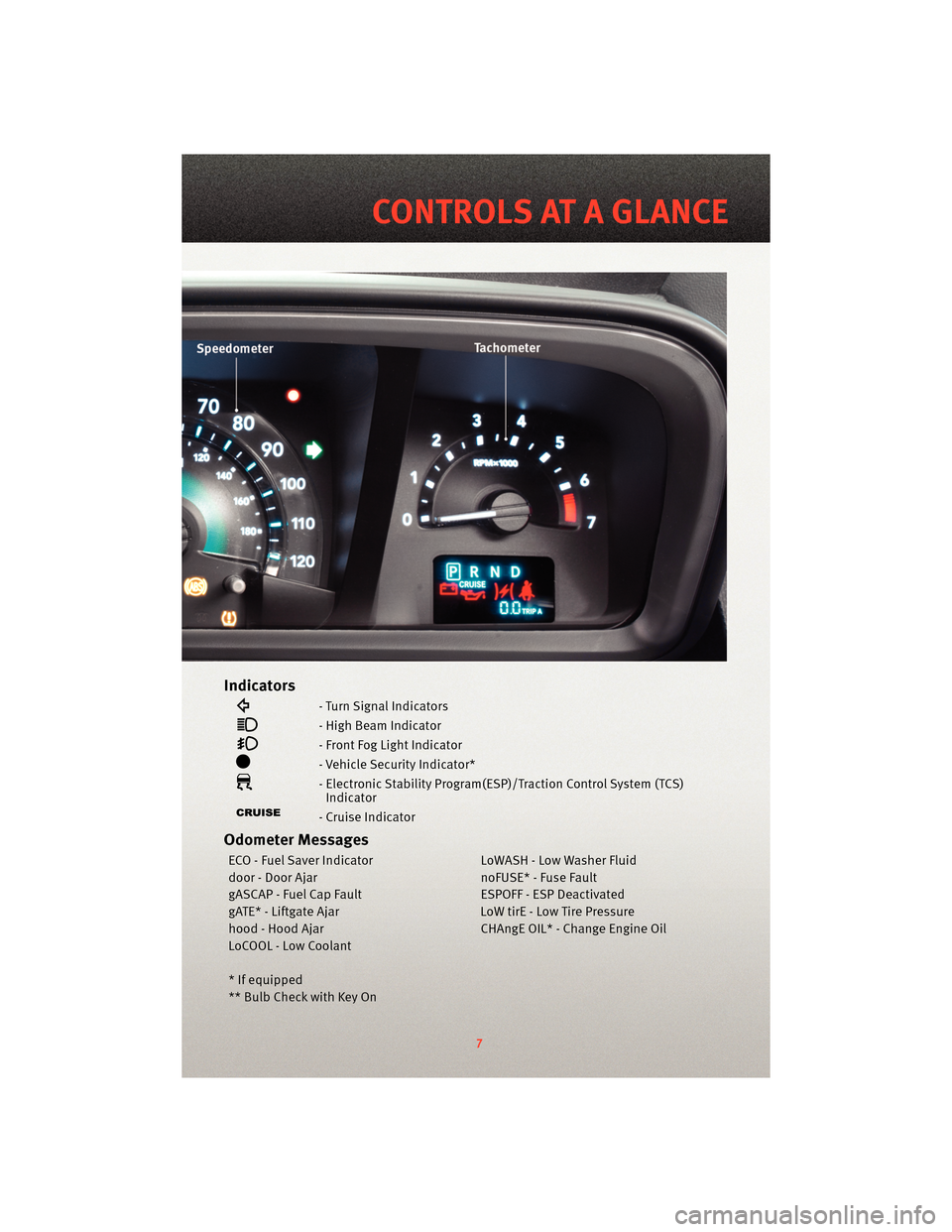 DODGE JOURNEY 2010 1.G User Guide Indicators
- Turn Signal Indicators
- High Beam Indicator
- Front Fog Light Indicator
- Vehicle Security Indicator*
- Electronic Stability Program(ESP)/Traction Control System (TCS)Indicator
- Cruise 