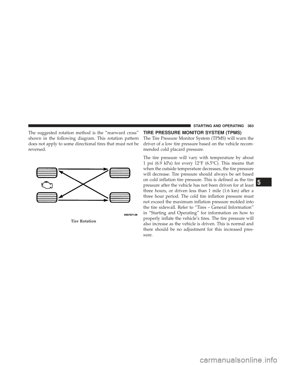 DODGE JOURNEY 2011 1.G Owners Manual The suggested rotation method is the “rearward cross”
shown in the following diagram. This rotation pattern
does not apply to some directional tires that must not be
reversed.TIRE PRESSURE MONITOR