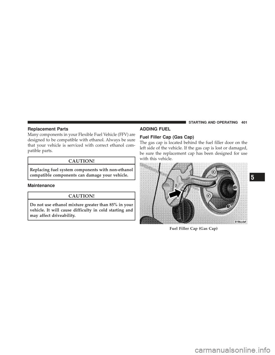 DODGE JOURNEY 2011 1.G User Guide Replacement Parts
Many components in your Flexible Fuel Vehicle (FFV) are
designed to be compatible with ethanol. Always be sure
that your vehicle is serviced with correct ethanol com-
patible parts.
