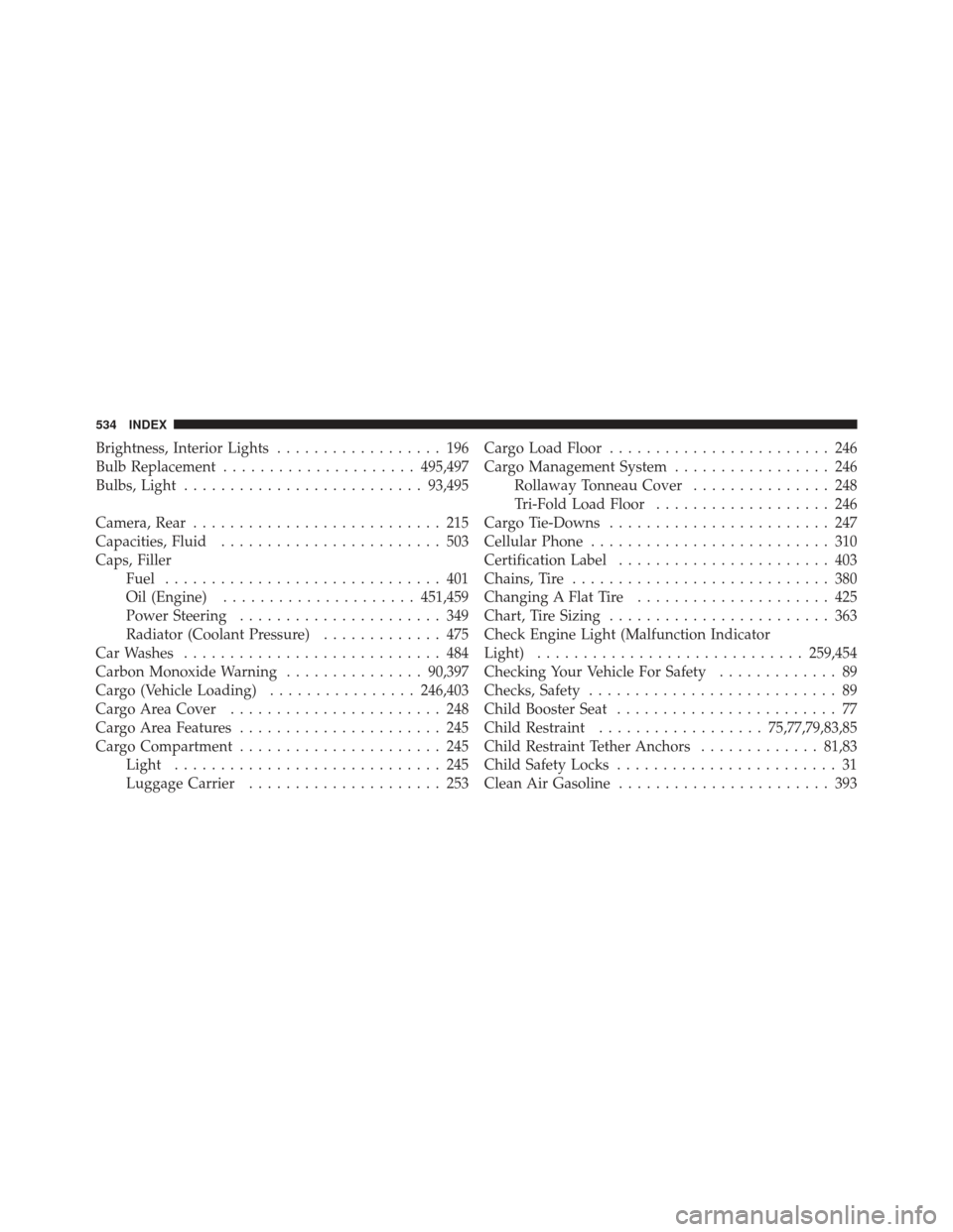 DODGE JOURNEY 2011 1.G Owners Manual Brightness, Interior Lights.................. 196
Bulb Replacement ..................... 495,497
Bulbs, Light .......................... 93,495
Camera, Rear ........................... 215
Capacities,