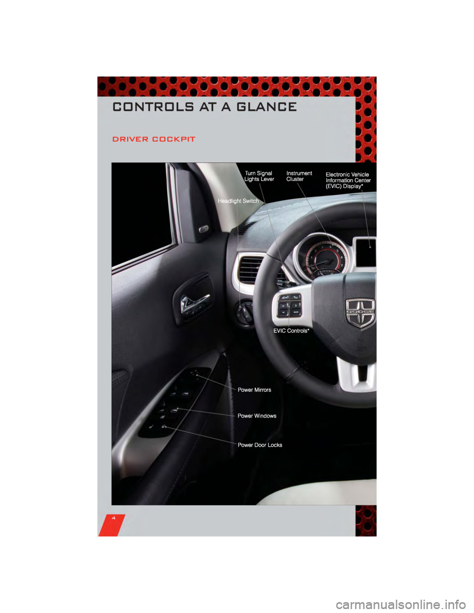 DODGE JOURNEY 2011 1.G User Guide DRIVER COCKPIT
CONTROLS AT A GLANCE
4 