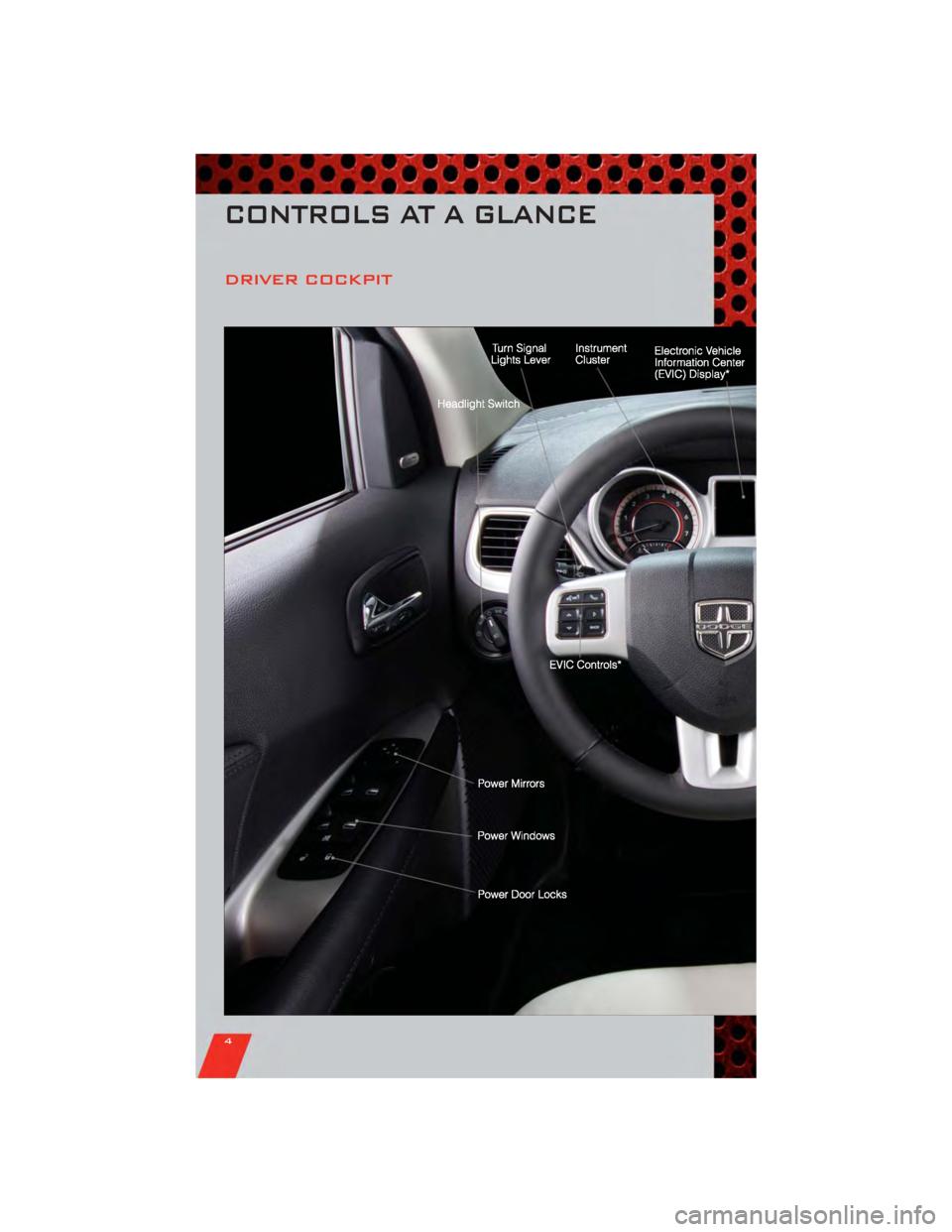 DODGE JOURNEY 2011 1.G User Guide DRIVER COCKPIT
CONTROLS AT A GLANCE
4 DODGE JOURNEY 2011 1.G User Guide DRIVER COCKPIT
CONTROLS AT A GLANCE
4