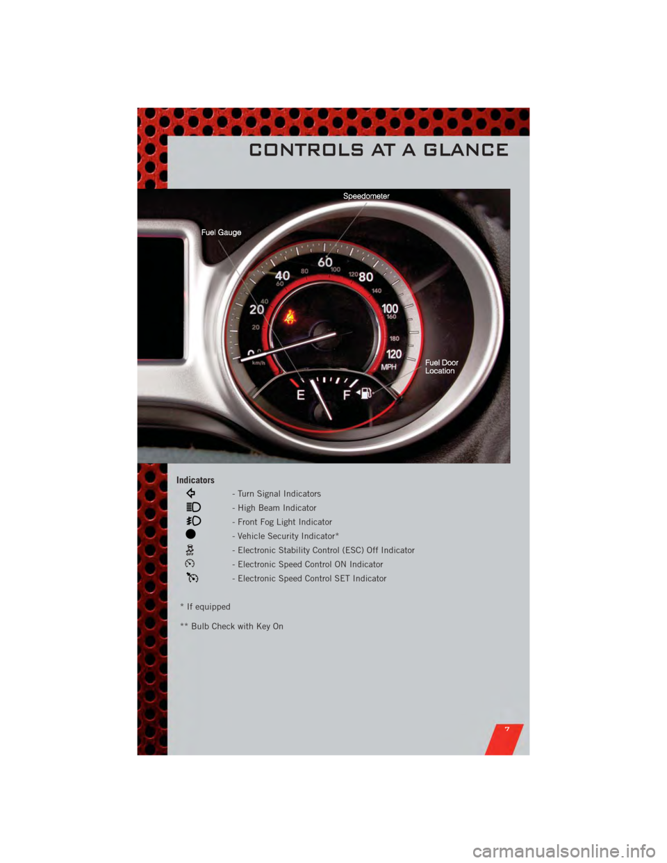 DODGE JOURNEY 2011 1.G User Guide Indicators
- Turn Signal Indicators
- High Beam Indicator
- Front Fog Light Indicator
- Vehicle Security Indicator*
- Electronic Stability Control (ESC) Off Indicator
- Electronic Speed Control ON Ind DODGE JOURNEY 2011 1.G User Guide Indicators
- Turn Signal Indicators
- High Beam Indicator
- Front Fog Light Indicator
- Vehicle Security Indicator*
- Electronic Stability Control (ESC) Off Indicator
- Electronic Speed Control ON Ind