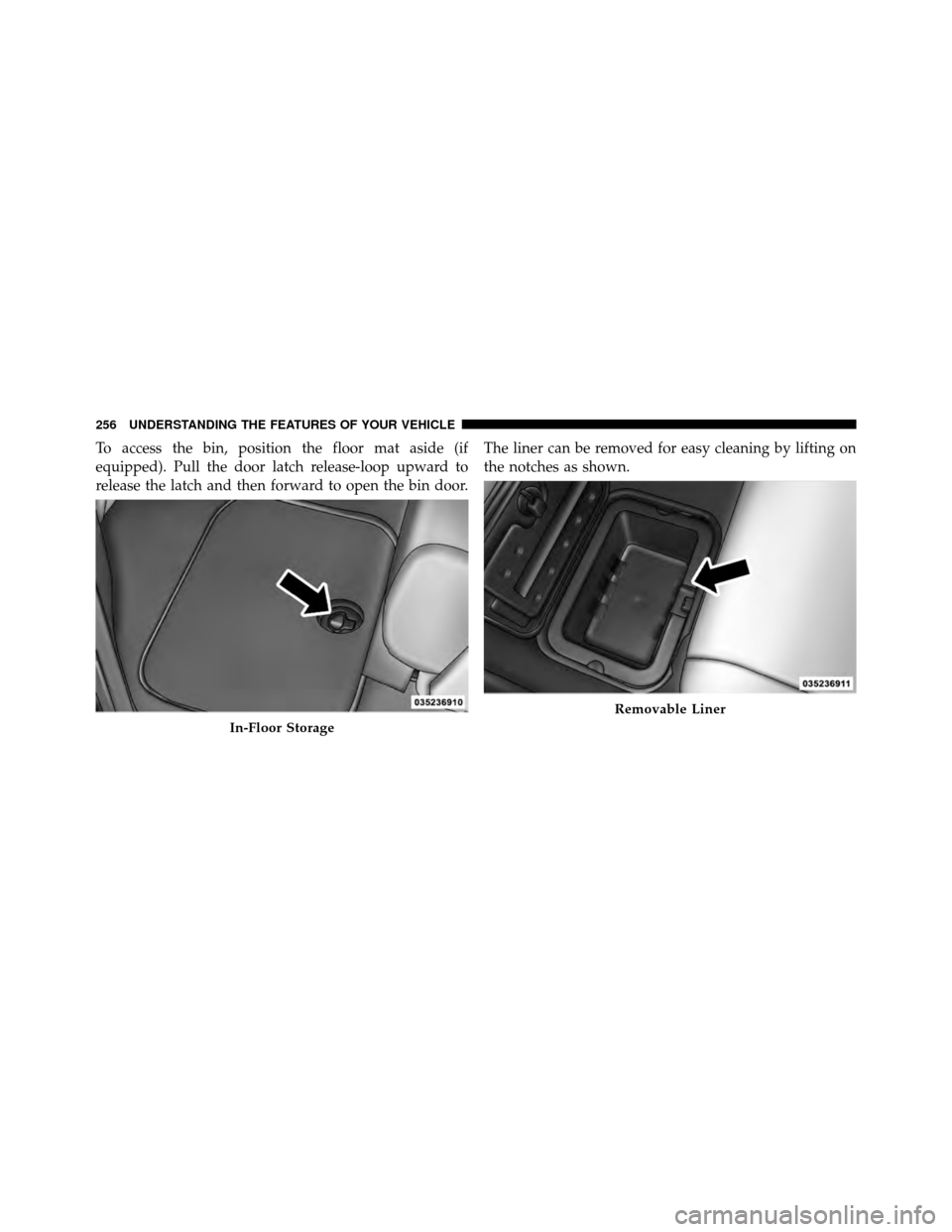 DODGE JOURNEY 2012 1.G Owners Manual To access the bin, position the floor mat aside (if
equipped). Pull the door latch release-loop upward to
release the latch and then forward to open the bin door.The liner can be removed for easy clea