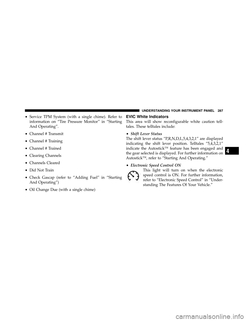 DODGE JOURNEY 2012 1.G Owners Guide •Service TPM System (with a single chime). Refer to
information on “Tire Pressure Monitor” in “Starting
And Operating”.
•Channel # Transmit
•Channel # Training
•Channel # Trained
•Cl