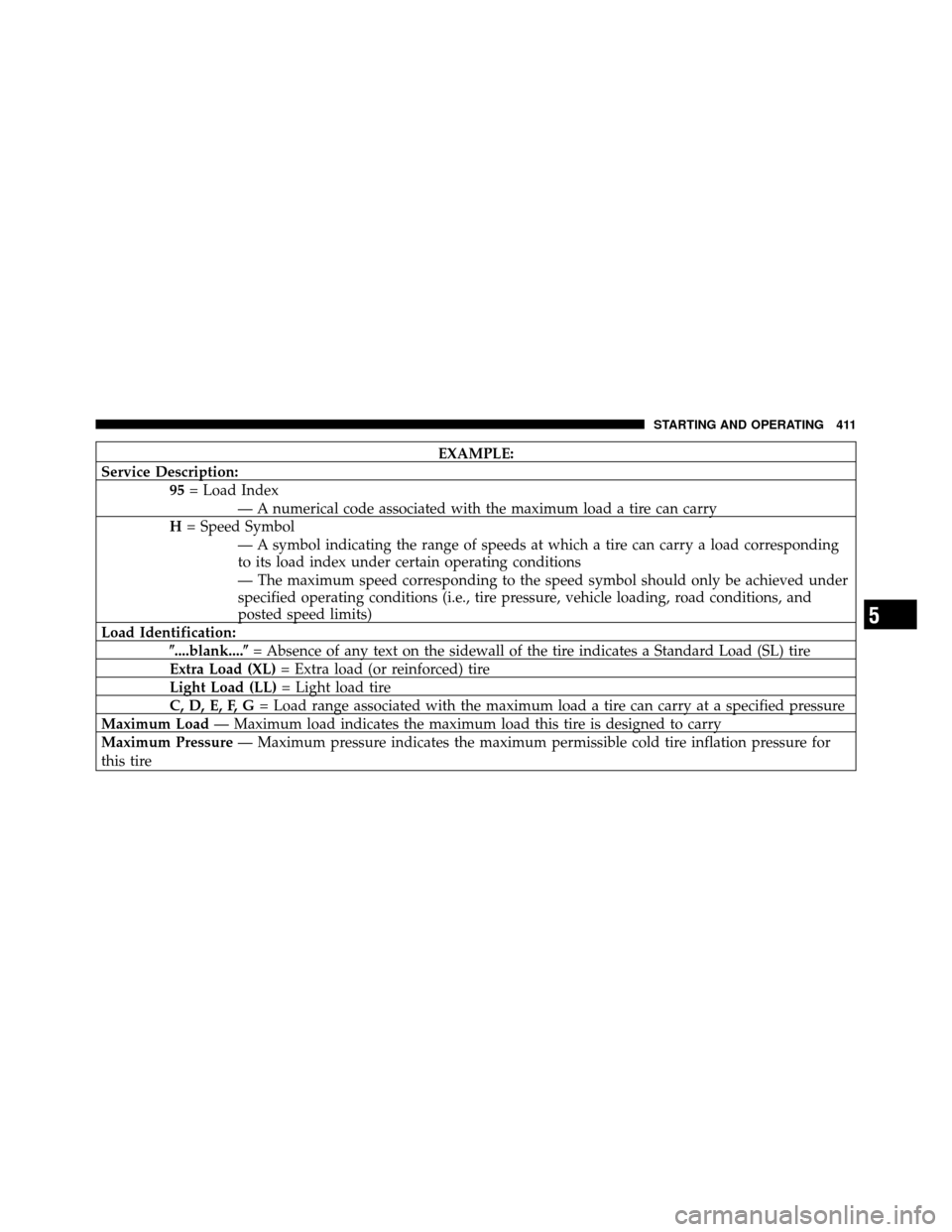 DODGE JOURNEY 2012 1.G Owners Manual EXAMPLE:
Service Description: 95= Load Index
— A numerical code associated with the maximum load a tire can carry
H = Speed Symbol
— A symbol indicating the range of speeds at which a tire can car
