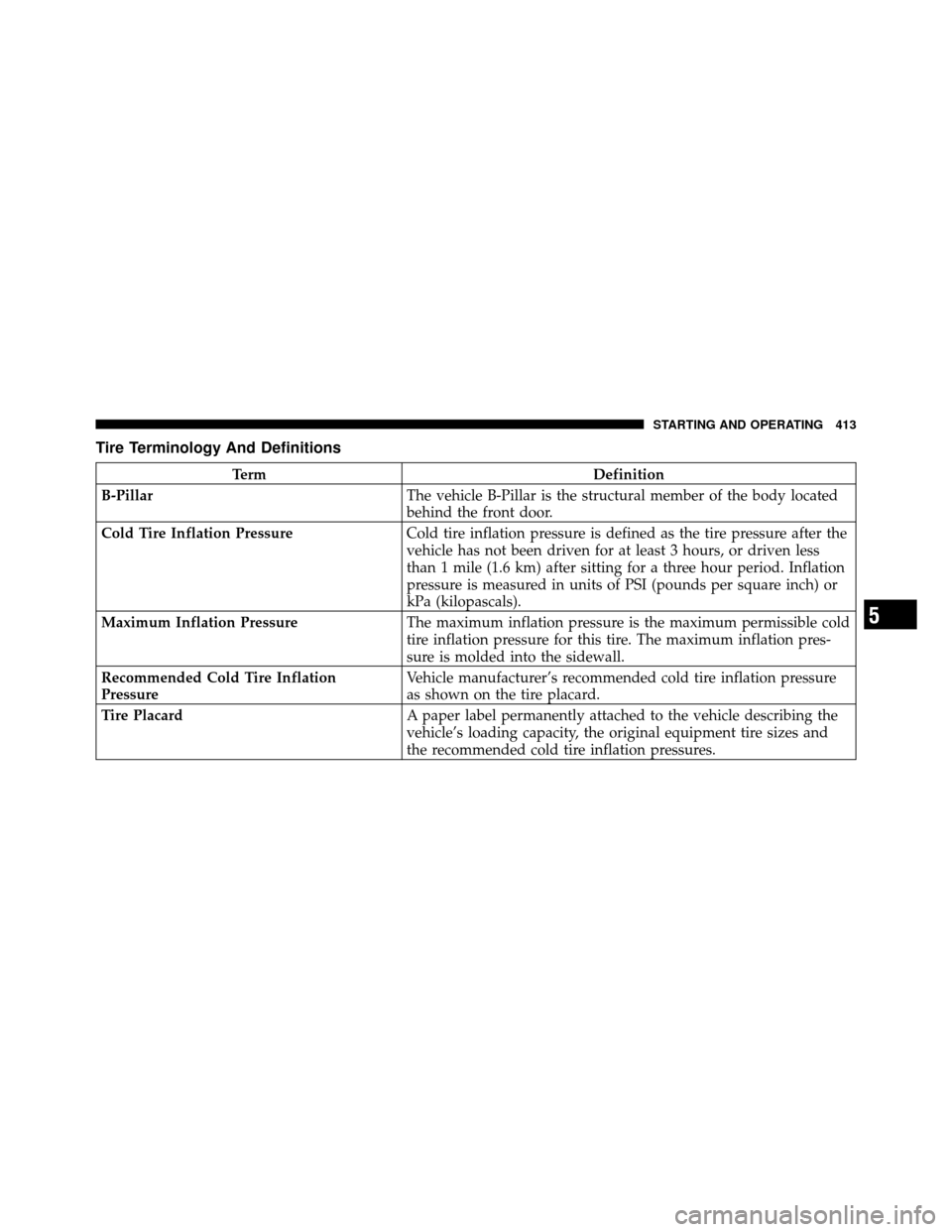 DODGE JOURNEY 2012 1.G Owners Manual Tire Terminology And Definitions
TermDefinition
B-Pillar The vehicle B-Pillar is the structural member of the body located
behind the front door.
Cold Tire Inflation Pressure Cold tire inflation press