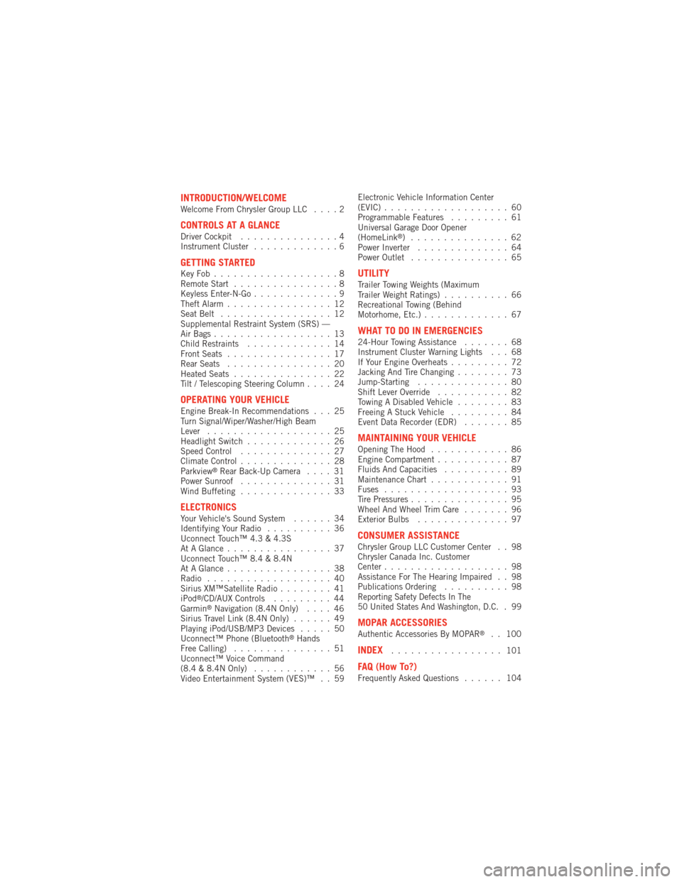 DODGE JOURNEY 2012 1.G User Guide INTRODUCTION/WELCOMEWelcome From Chrysler Group LLC....2
CONTROLS AT A GLANCEDriver Cockpit...............4
Instrument Cluster .............6
GETTING STARTEDKeyFob...................8
Remote Start....