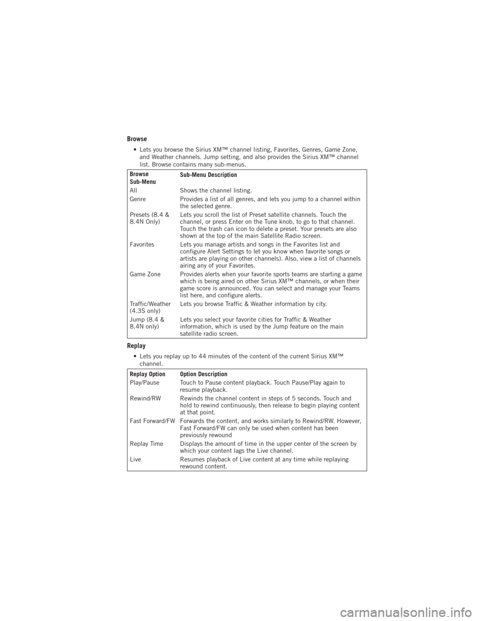 DODGE JOURNEY 2012 1.G Service Manual Browse
• Lets you browse the Sirius XM™ channel listing, Favorites, Genres, Game Zone,and Weather channels. Jump setting, and also provides the Sirius XM™ channel
list. Browse contains many sub-