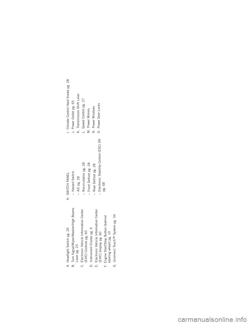 DODGE JOURNEY 2012 1.G User Guide A. Headlight Switch pg. 26
B. Turn Signal/Wiper/Washer/High BeamsLever pg. 25
C. Electronic Vehicle Information Center (EVIC) Controls pg. 60
D. Instrument Cluster pg. 6
E. Electronic Vehicle Informat