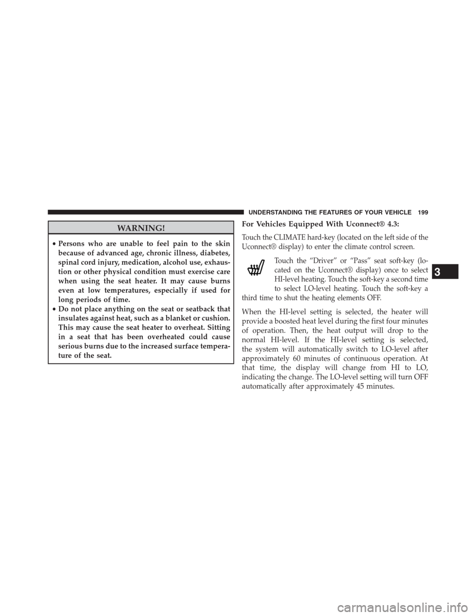 DODGE JOURNEY 2013 1.G Owners Manual WARNING!
•Persons who are unable to feel pain to the skin
because of advanced age, chronic illness, diabetes,
spinal cord injury, medication, alcohol use, exhaus-
tion or other physical condition mu