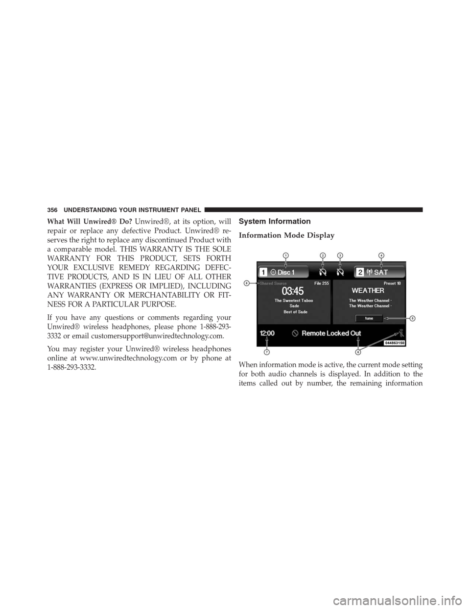 DODGE JOURNEY 2013 1.G Owners Manual What Will Unwired® Do?Unwired®, at its option, will
repair or replace any defective Product. Unwired® re-
serves the right to replace any discontinued Product with
a comparable model. THIS WARRANTY