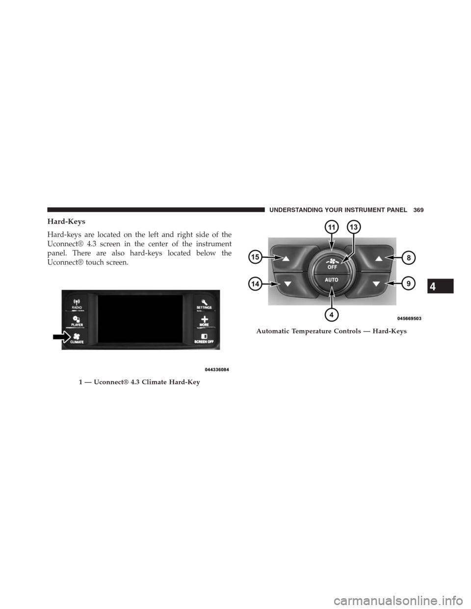 DODGE JOURNEY 2013 1.G Owners Manual Hard-Keys
Hard-keys are located on the left and right side of the
Uconnect® 4.3 screen in the center of the instrument
panel. There are also hard-keys located below the
Uconnect® touch screen.
1 —