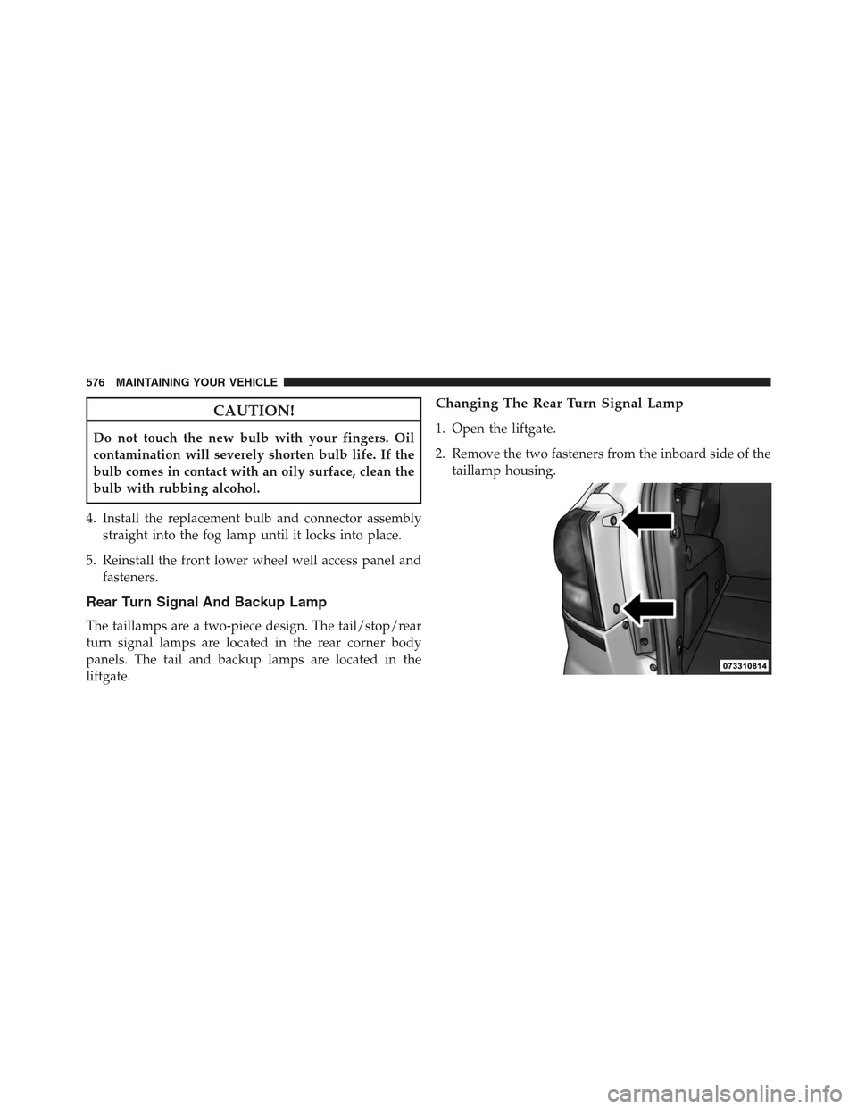 DODGE JOURNEY 2013 1.G Owners Manual CAUTION!
Do not touch the new bulb with your fingers. Oil
contamination will severely shorten bulb life. If the
bulb comes in contact with an oily surface, clean the
bulb with rubbing alcohol.
4. Inst