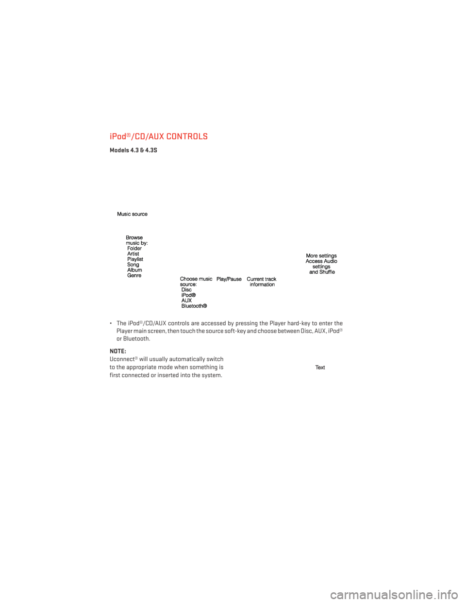 DODGE JOURNEY 2013 1.G Service Manual iPod®/CD/AUX CONTROLS
Models 4.3 & 4.3S
• The iPod®/CD/AUX controls are accessed by pressing the Player hard-key to enter thePlayer main screen, then touch the source soft-key and choose between D