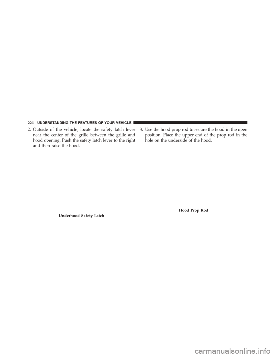DODGE JOURNEY 2014 1.G Owners Manual 2. Outside of the vehicle, locate the safety latch levernear the center of the grille between the grille and
hood opening. Push the safety latch lever to the right
and then raise the hood. 3. Use the 