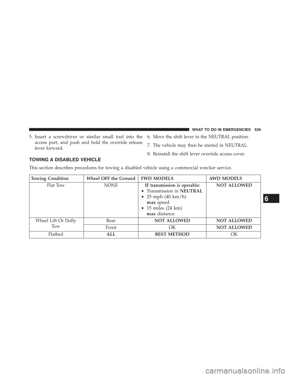 DODGE JOURNEY 2014 1.G Owners Manual 5. Insert a screwdriver or similar small tool into theaccess port, and push and hold the override release
lever forward. 6. Move the shift lever to the NEUTRAL position.
7. The vehicle may then be sta