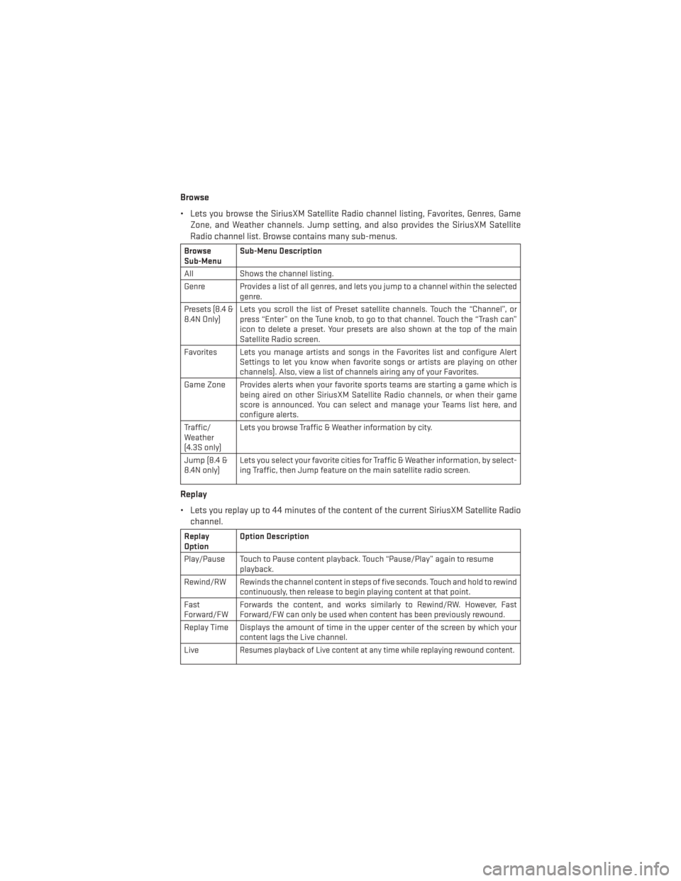 DODGE JOURNEY 2014 1.G User Guide Browse
• Lets you browse the SiriusXM Satellite Radio channel listing, Favorites, Genres, GameZone, and Weather channels. Jump setting, and also provides the SiriusXM Satellite
Radio channel list. B