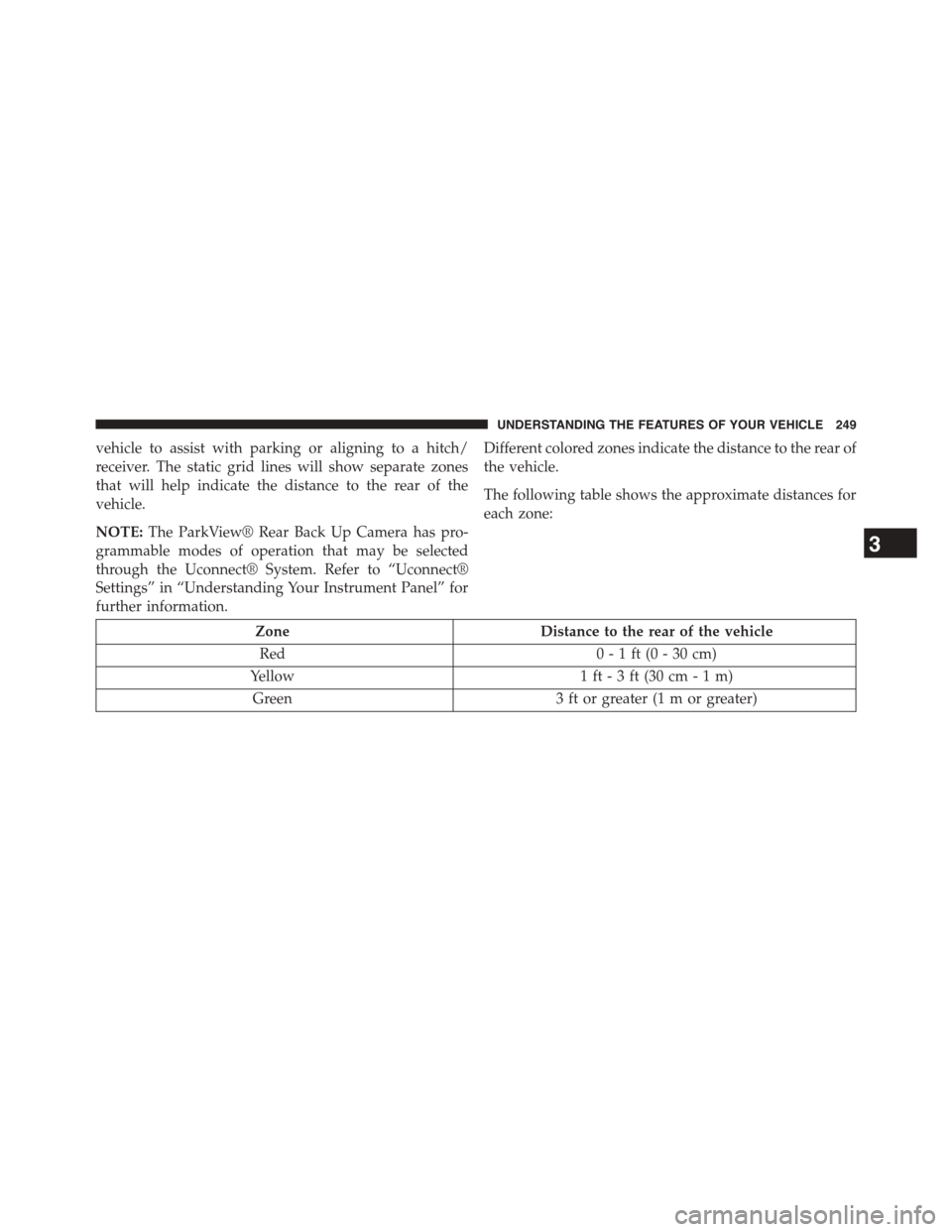 DODGE JOURNEY 2015 1.G Owners Manual vehicle to assist with parking or aligning to a hitch/
receiver. The static grid lines will show separate zones
that will help indicate the distance to the rear of the
vehicle.
NOTE:The ParkView® Rea