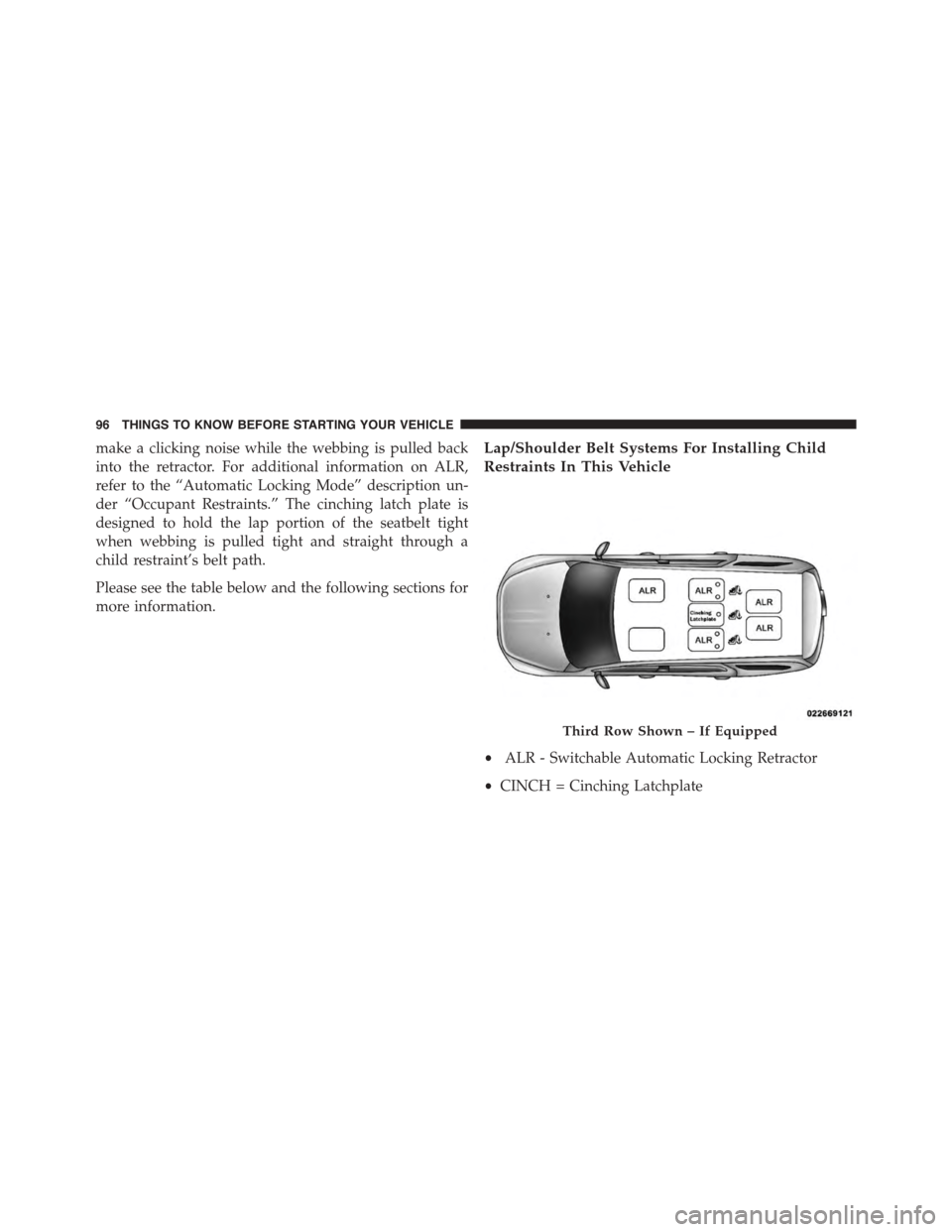 DODGE JOURNEY 2015 1.G Owners Manual make a clicking noise while the webbing is pulled back
into the retractor. For additional information on ALR,
refer to the “Automatic Locking Mode” description un-
der “Occupant Restraints.” T