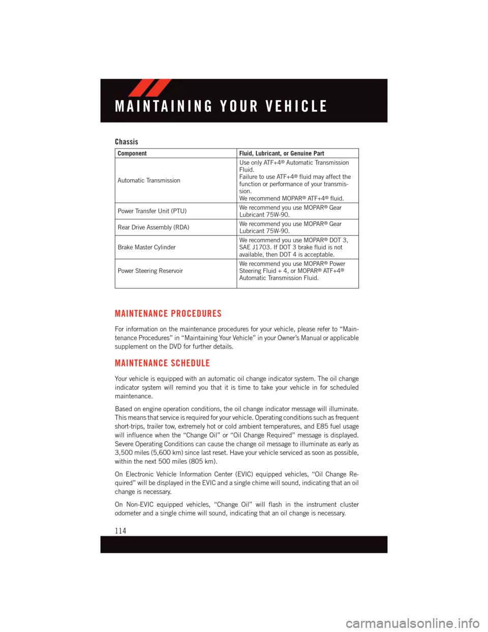 DODGE JOURNEY 2015 1.G User Guide Chassis
ComponentFluid, Lubricant, or Genuine Part
Automatic Transmission
Use only ATF+4®Automatic TransmissionFluid.Failure to use ATF+4®fluid may affect thefunction or performance of your transmis DODGE JOURNEY 2015 1.G User Guide Chassis
ComponentFluid, Lubricant, or Genuine Part
Automatic Transmission
Use only ATF+4®Automatic TransmissionFluid.Failure to use ATF+4®fluid may affect thefunction or performance of your transmis