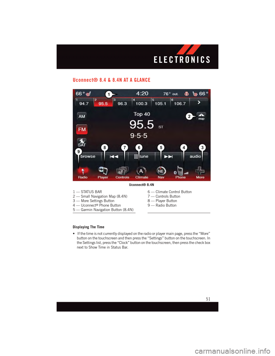 DODGE JOURNEY 2015 1.G User Guide Uconnect® 8.4 & 8.4N AT A GLANCE
Displaying The Time
•Ifthetimeisnotcurrentlydisplayedontheradioorplayermainpage,pressthe“More”
button on the touchscreen and then press the “Settings” butto