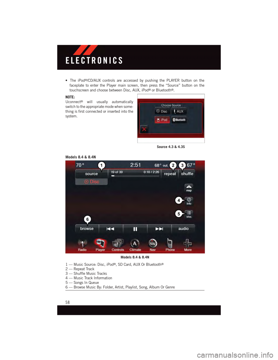 DODGE JOURNEY 2015 1.G User Guide •TheiPod®/CD/AUX controls are accessed by pushing the PLAYER button on the
faceplate to enter the Player main screen, then press the “Source” button on the
touchscreen and choose between Disc, DODGE JOURNEY 2015 1.G User Guide •TheiPod®/CD/AUX controls are accessed by pushing the PLAYER button on the
faceplate to enter the Player main screen, then press the “Source” button on the
touchscreen and choose between Disc,