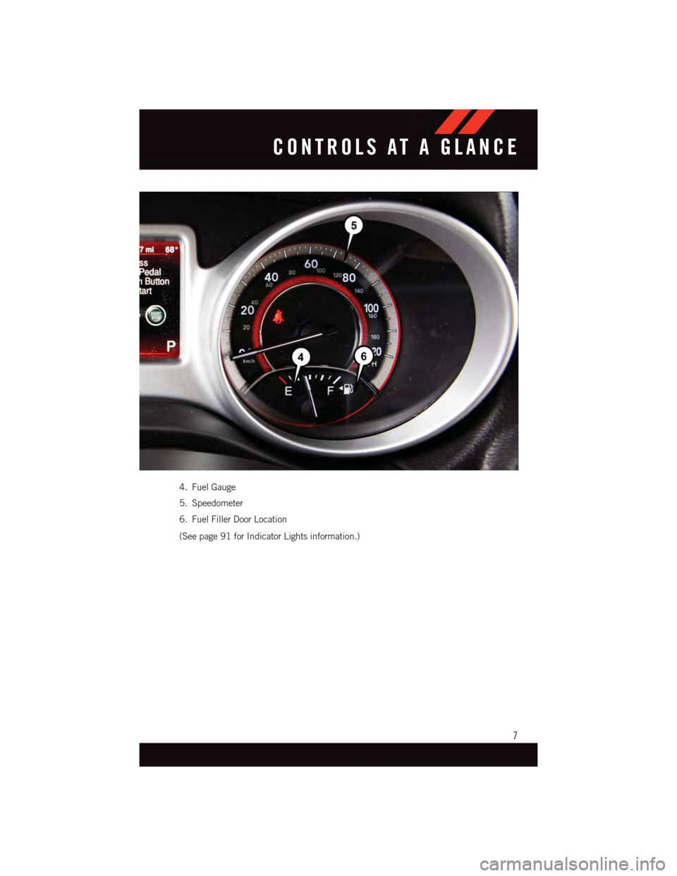 DODGE JOURNEY 2015 1.G User Guide 4. Fuel Gauge
5. Speedometer
6. Fuel Filler Door Location
(See page 91 for Indicator Lights information.)
CONTROLS AT A GLANCE
7 DODGE JOURNEY 2015 1.G User Guide 4. Fuel Gauge
5. Speedometer
6. Fuel Filler Door Location
(See page 91 for Indicator Lights information.)
CONTROLS AT A GLANCE
7