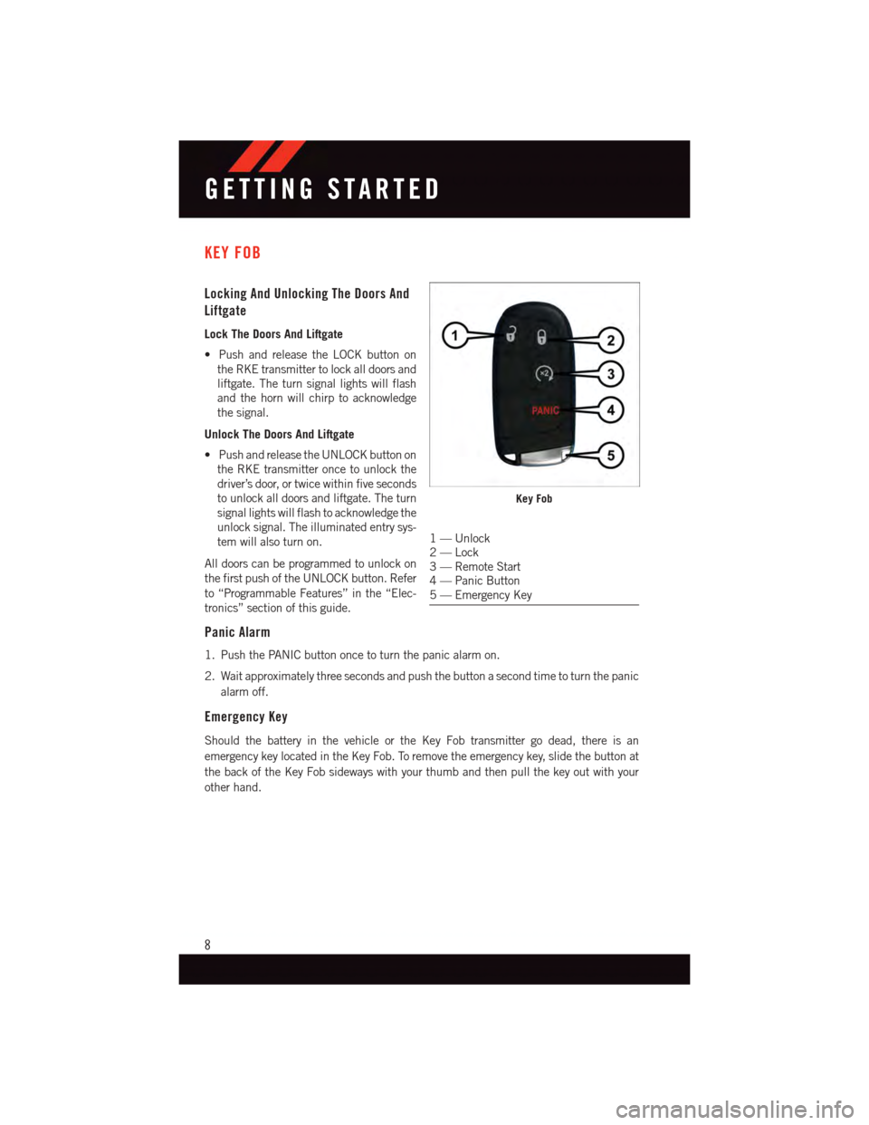 DODGE JOURNEY 2015 1.G User Guide KEY FOB
Locking And Unlocking The Doors And
Liftgate
Lock The Doors And Liftgate
•PushandreleasetheLOCKbuttonon
the RKE transmitter to lock all doors and
liftgate. The turn signal lights will flash
