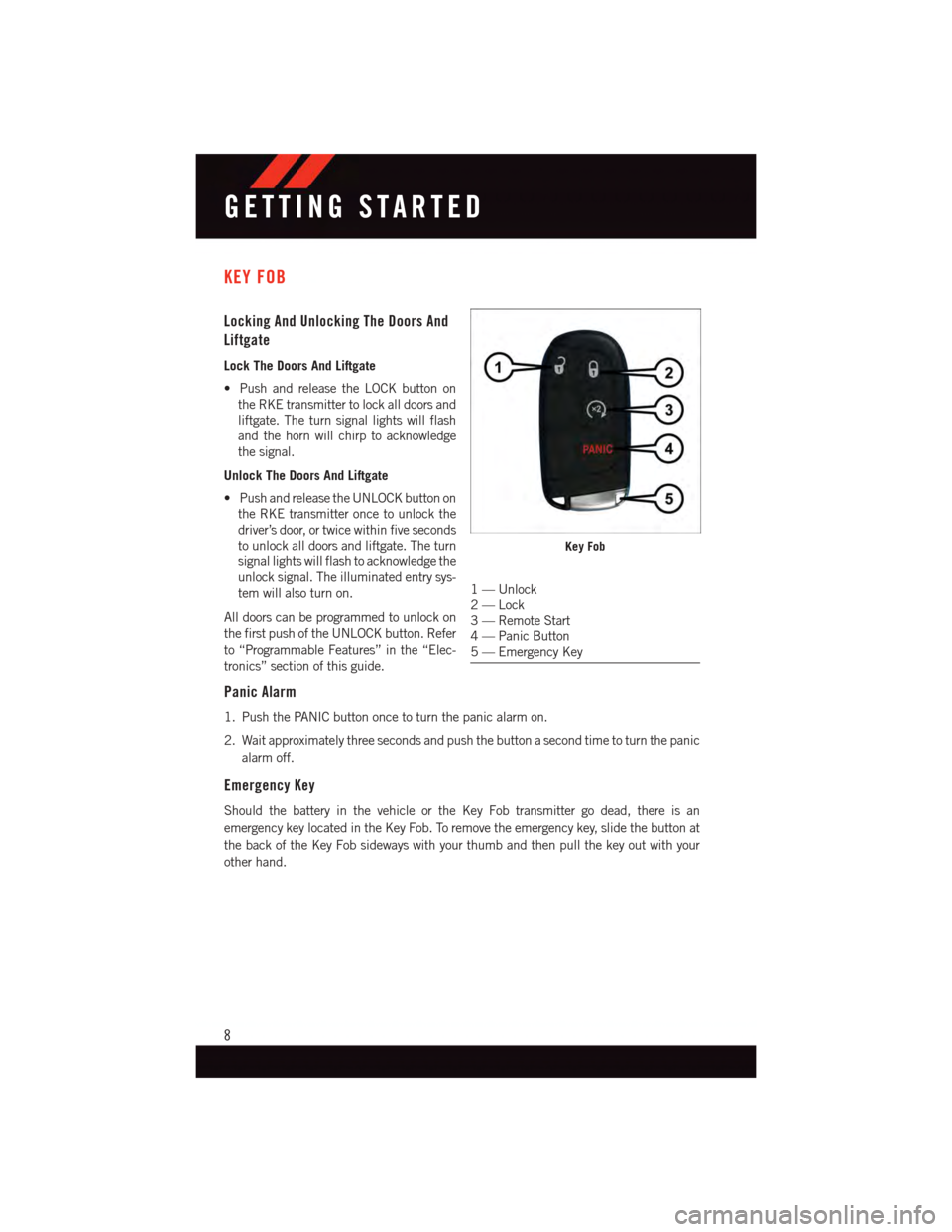 DODGE JOURNEY 2015 1.G User Guide KEY FOB
Locking And Unlocking The Doors And
Liftgate
Lock The Doors And Liftgate
•PushandreleasetheLOCKbuttonon
the RKE transmitter to lock all doors and
liftgate. The turn signal lights will flash
DODGE JOURNEY 2015 1.G User Guide KEY FOB
Locking And Unlocking The Doors And
Liftgate
Lock The Doors And Liftgate
•PushandreleasetheLOCKbuttonon
the RKE transmitter to lock all doors and
liftgate. The turn signal lights will flash