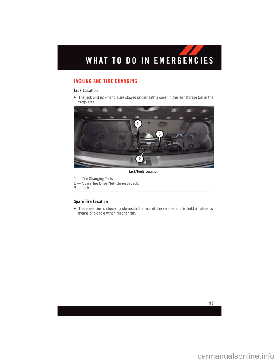 DODGE JOURNEY 2015 1.G User Guide JACKING AND TIRE CHANGING
Jack Location
•Thejackandjack-handlearestowedunderneathacoverintherearstoragebininthe
cargo area.
Spare Tire Location
•Thesparetireisstowedunderneaththerearofthevehiclean