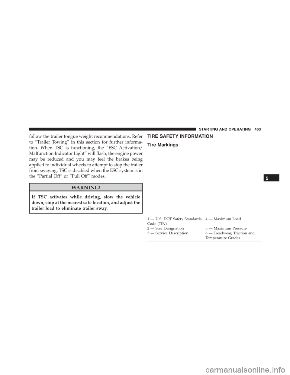 DODGE JOURNEY 2016 1.G Owners Manual follow the trailer tongue weight recommendations. Refer
to “Trailer Towing” in this section for further informa-
tion. When TSC is functioning, the “ESC Activation/
Malfunction Indicator Light