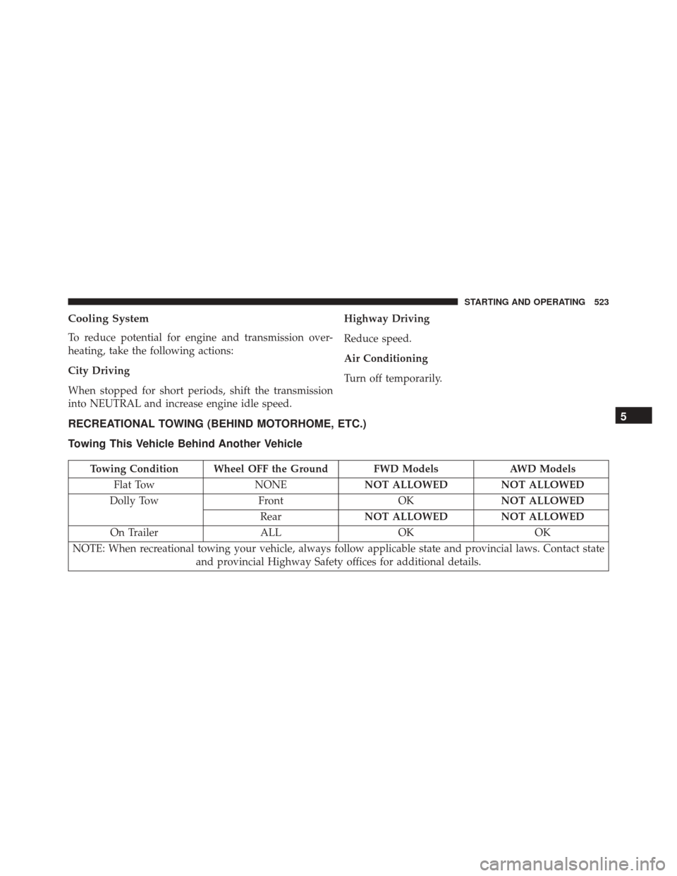 DODGE JOURNEY 2016 1.G Owners Manual Cooling System
To reduce potential for engine and transmission over-
heating, take the following actions:
City Driving
When stopped for short periods, shift the transmission
into NEUTRAL and increase 