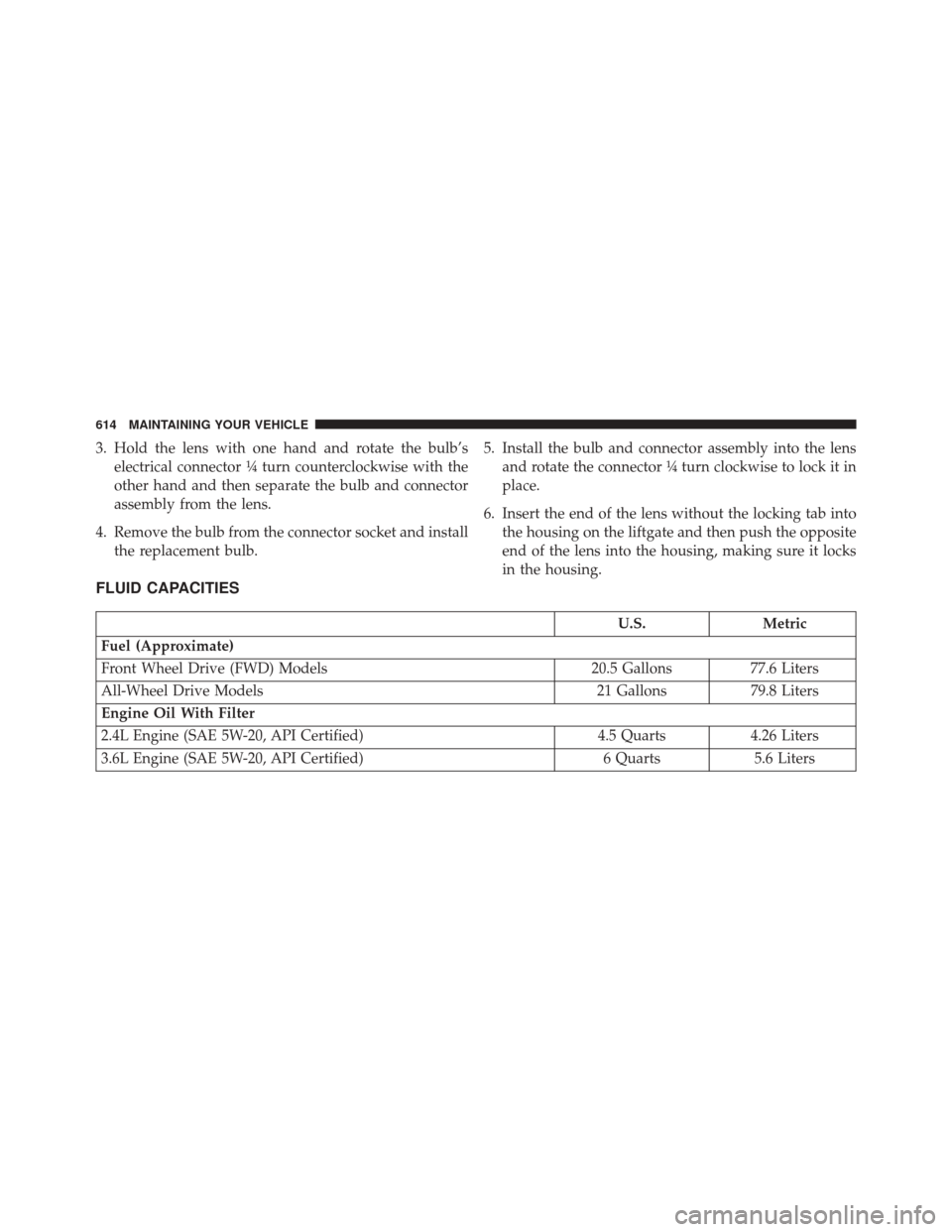 DODGE JOURNEY 2016 1.G Owners Manual 3. Hold the lens with one hand and rotate the bulb’selectrical connector ¼ turn counterclockwise with the
other hand and then separate the bulb and connector
assembly from the lens.
4. Remove the b DODGE JOURNEY 2016 1.G Owners Manual 3. Hold the lens with one hand and rotate the bulb’selectrical connector ¼ turn counterclockwise with the
other hand and then separate the bulb and connector
assembly from the lens.
4. Remove the b