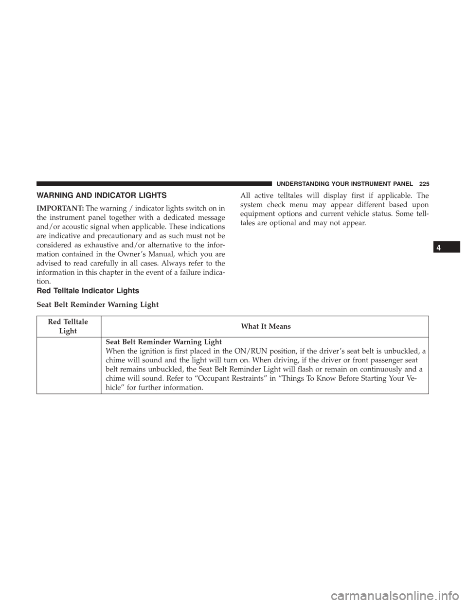 DODGE JOURNEY 2017 1.G Owners Manual WARNING AND INDICATOR LIGHTS
IMPORTANT:The warning / indicator lights switch on in
the instrument panel together with a dedicated message
and/or acoustic signal when applicable. These indications
are 