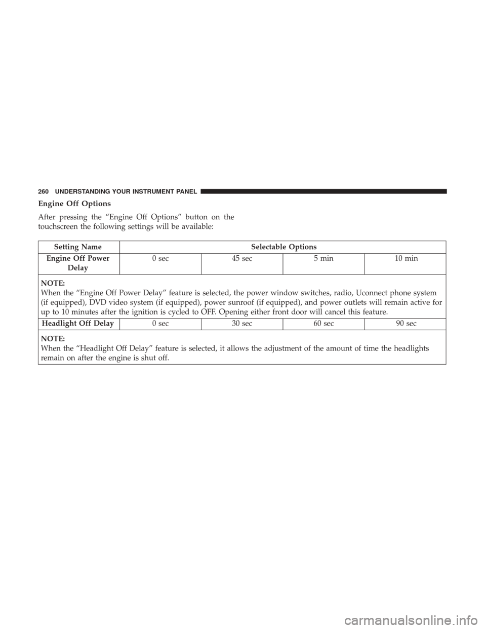 DODGE JOURNEY 2017 1.G Owners Guide Engine Off Options
After pressing the “Engine Off Options” button on the
touchscreen the following settings will be available:
Setting NameSelectable Options
Engine Off Power Delay 0 sec
45 sec 5 