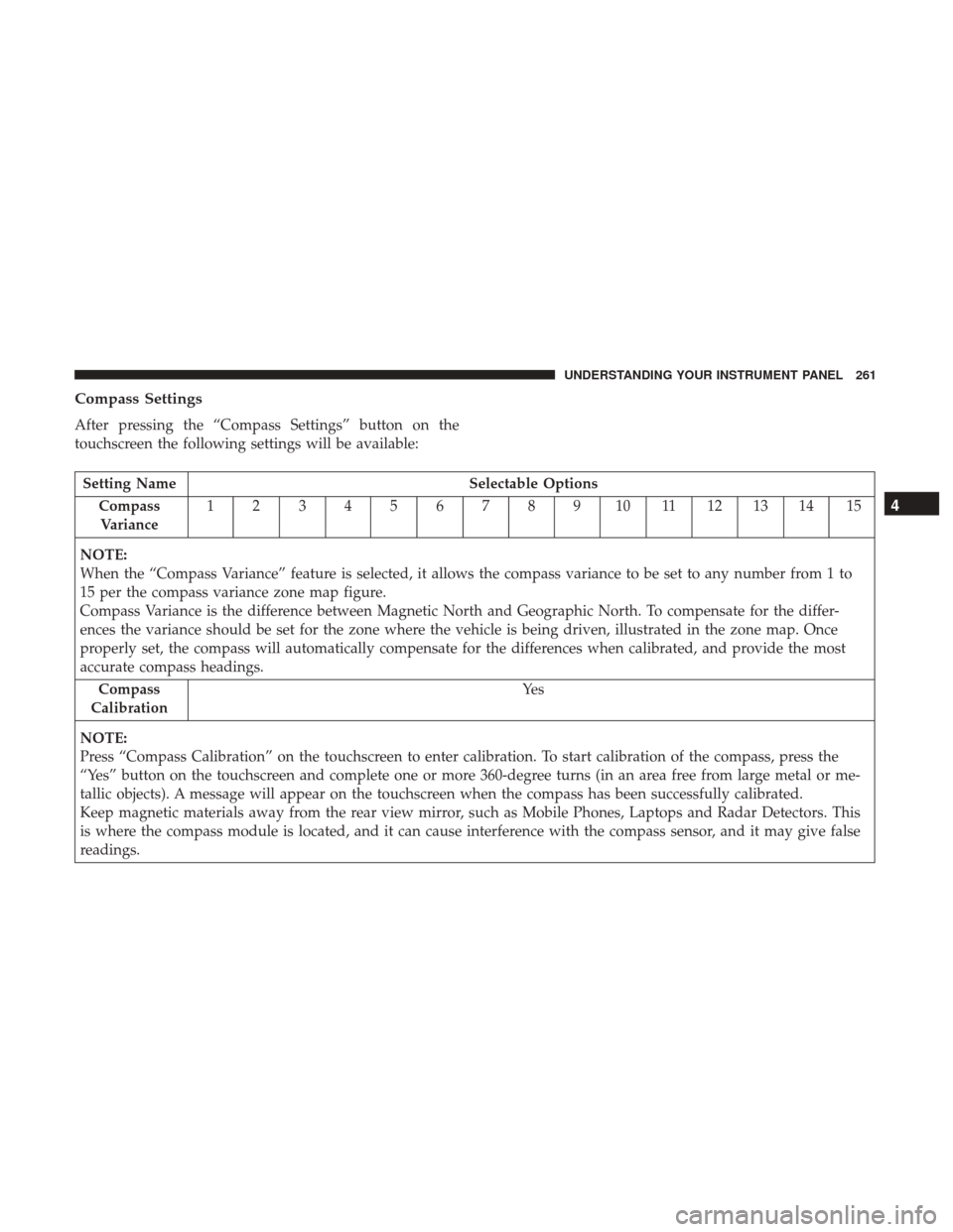 DODGE JOURNEY 2017 1.G User Guide Compass Settings
After pressing the “Compass Settings” button on the
touchscreen the following settings will be available:
Setting NameSelectable Options
Compass Variance 1 2 3 4 5 6 7 8 9 10 11 1