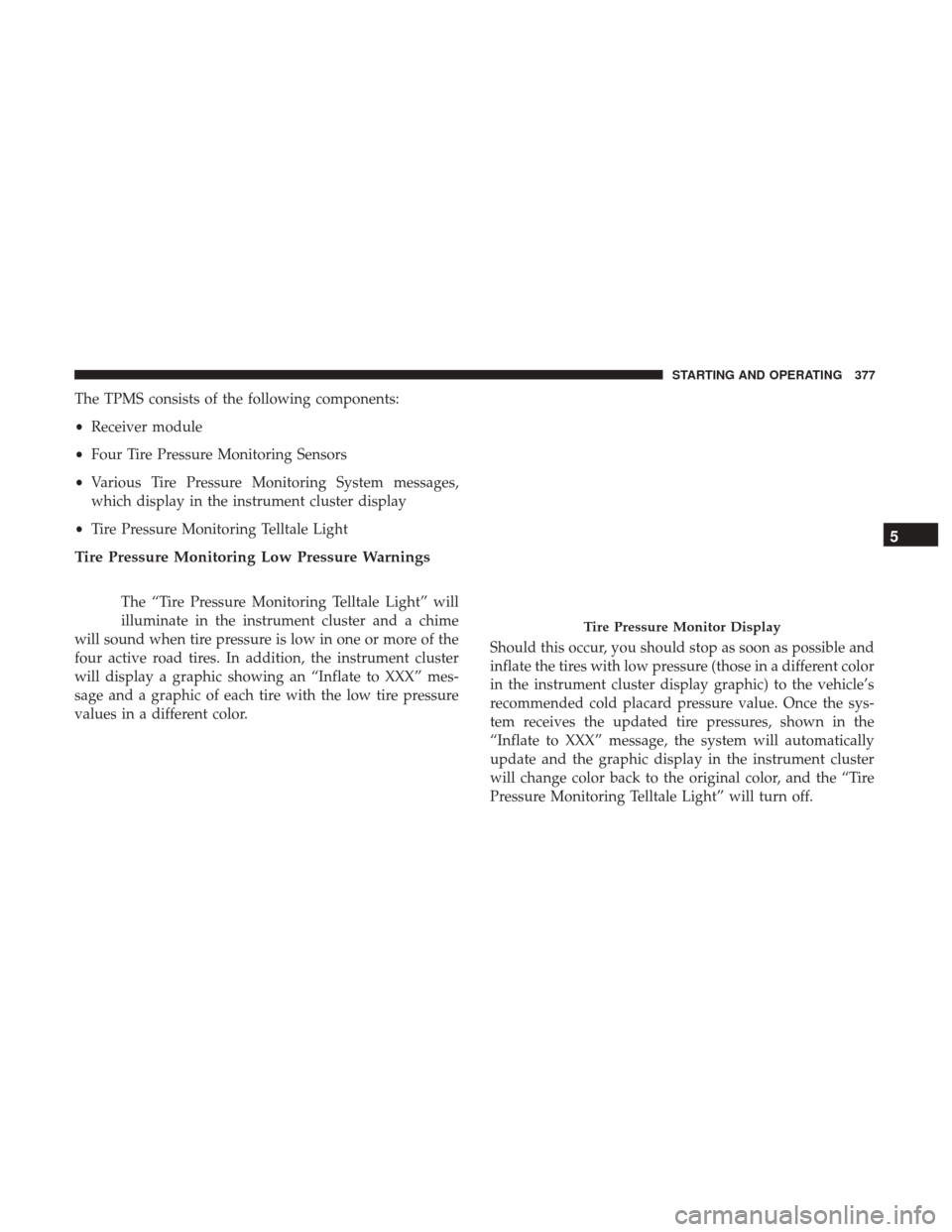 DODGE JOURNEY 2017 1.G Owners Manual The TPMS consists of the following components:
•Receiver module
• Four Tire Pressure Monitoring Sensors
• Various Tire Pressure Monitoring System messages,
which display in the instrument cluste