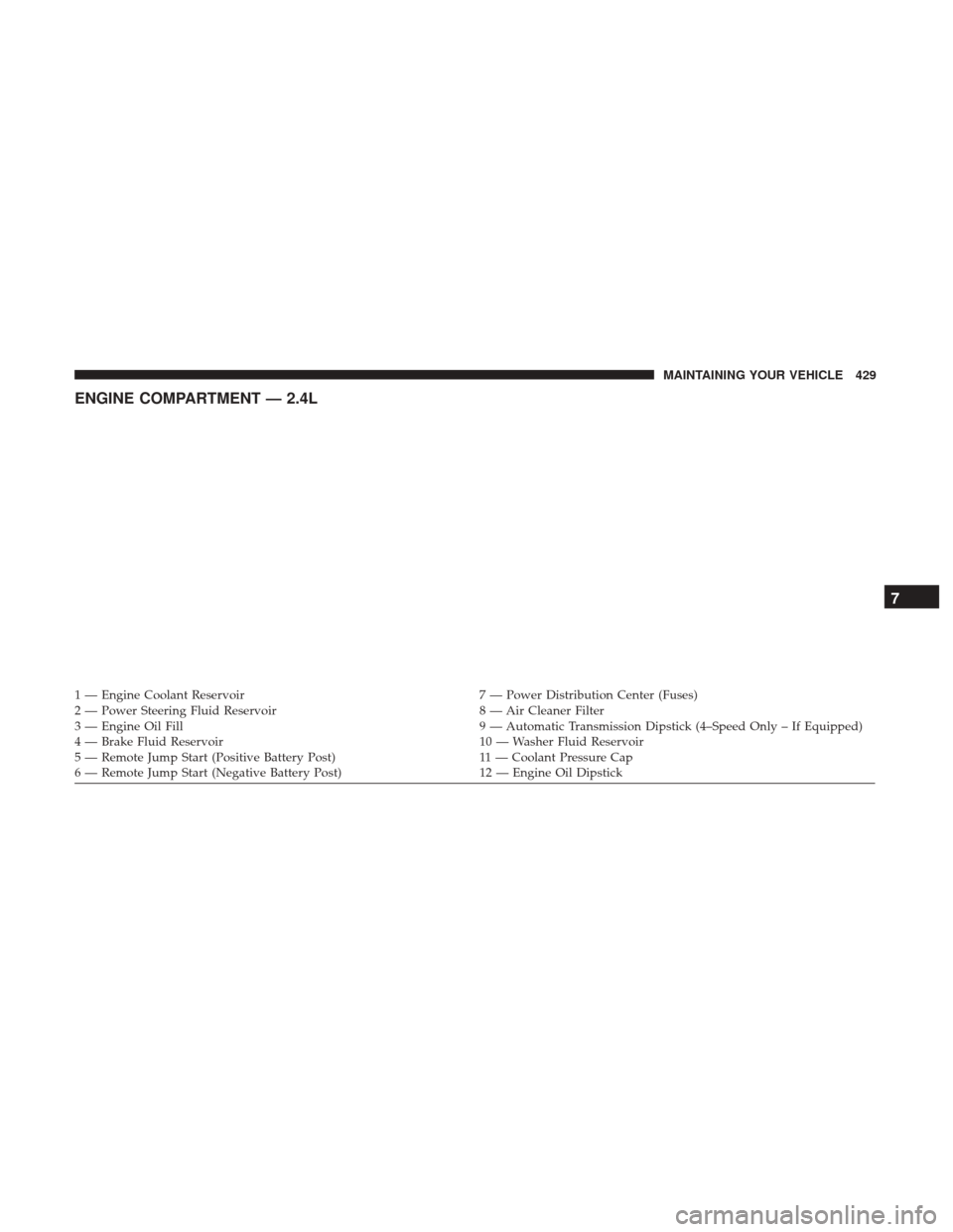 DODGE JOURNEY 2017 1.G Owners Guide ENGINE COMPARTMENT — 2.4L
1 — Engine Coolant Reservoir7 — Power Distribution Center (Fuses)
2 — Power Steering Fluid Reservoir 8 — Air Cleaner Filter
3 — Engine Oil Fill 9 — Automatic Tr