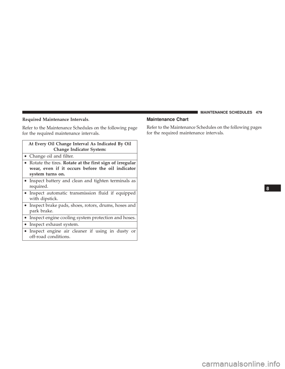 DODGE JOURNEY 2017 1.G Owners Manual Required Maintenance Intervals.
Refer to the Maintenance Schedules on the following page
for the required maintenance intervals.
At Every Oil Change Interval As Indicated By OilChange Indicator System