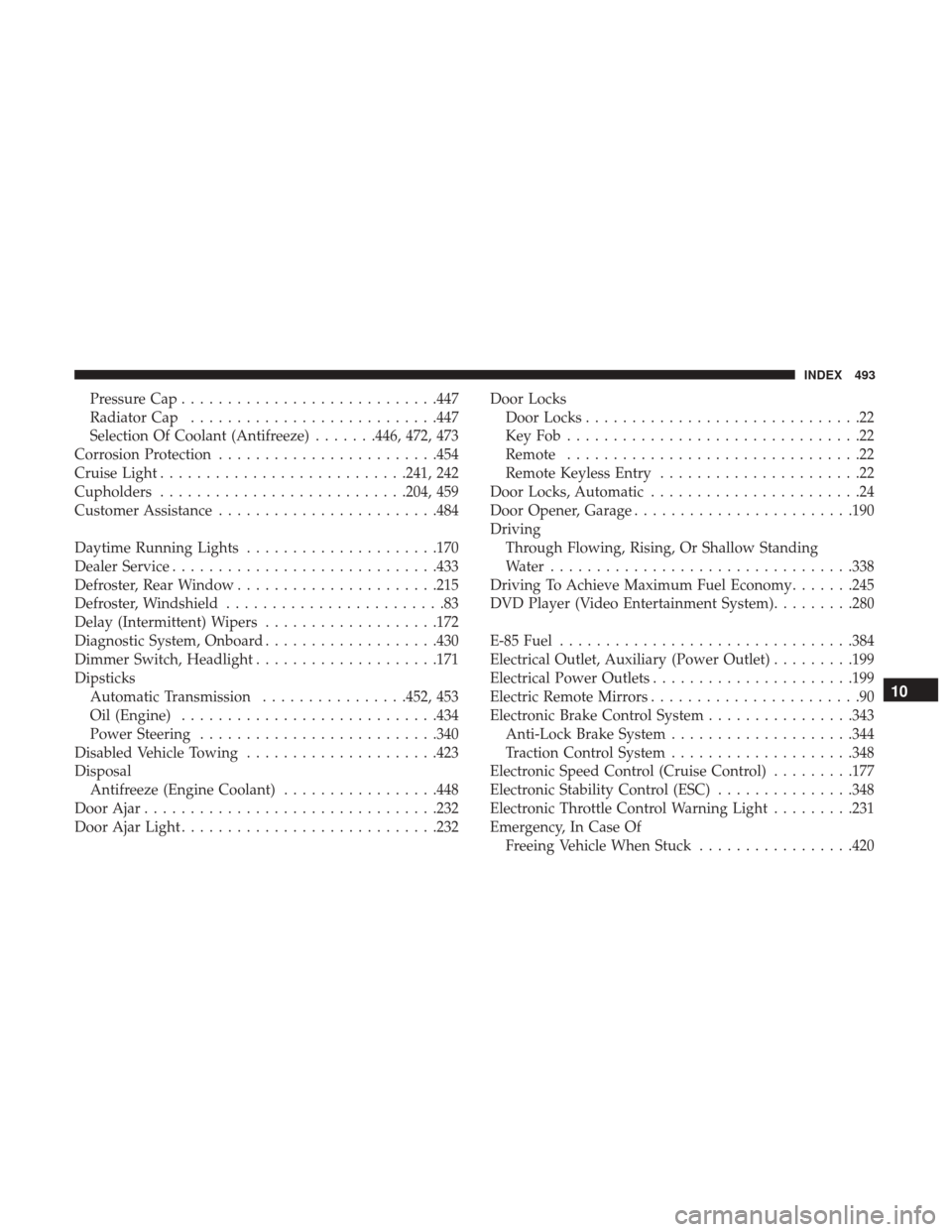 DODGE JOURNEY 2017 1.G Owners Manual Pressure Cap........................... .447
Radiator Cap .......................... .447
Selection Of Coolant (Antifreeze) .......446, 472, 473
Corrosion Protection ....................... .454
Cruis