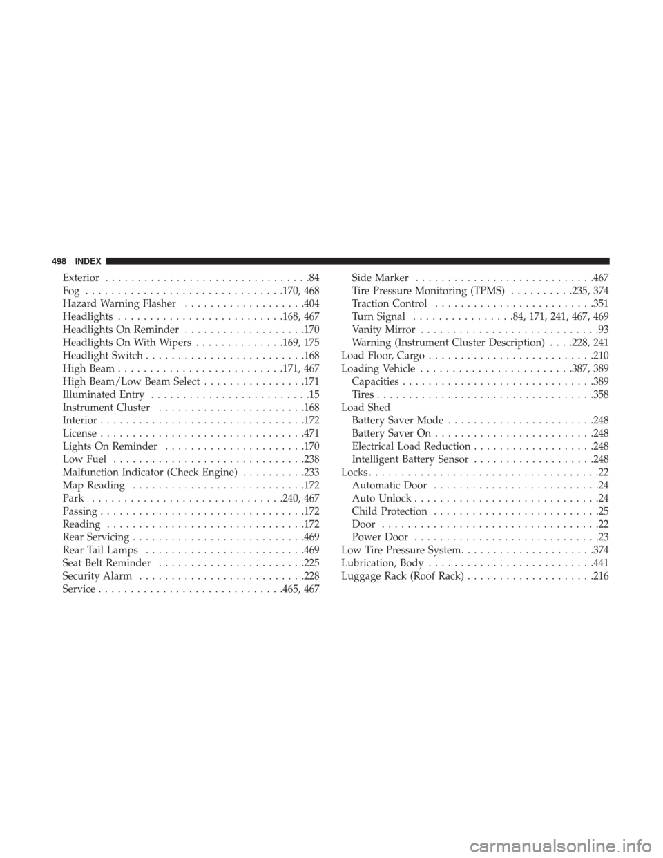 DODGE JOURNEY 2017 1.G User Guide Exterior................................84
Fog .............................. .170, 468
Hazard Warning Flasher ...................404
Headlights ......................... .168, 467
Headlights On Remin