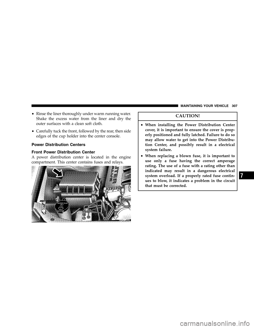 DODGE MAGNUM 2005 1.G Owners Manual •Rinse the liner thoroughly under warm running water.
Shake the excess water from the liner and dry the
outer surfaces with a clean soft cloth.
•Carefully tuck the front, followed by the rear, the