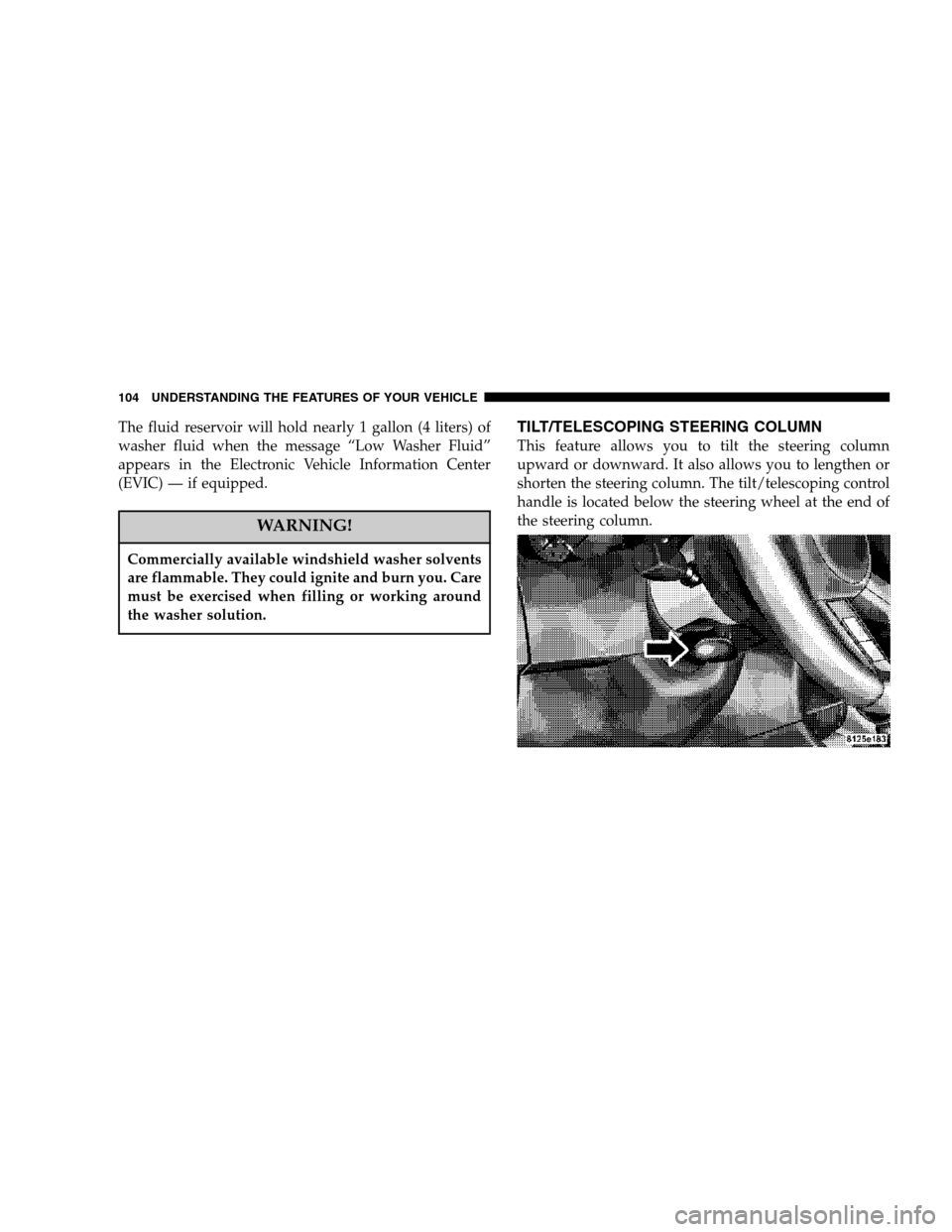 DODGE MAGNUM 2007 1.G Owners Manual The fluid reservoir will hold nearly 1 gallon (4 liters) of
washer fluid when the message “Low Washer Fluid”
appears in the Electronic Vehicle Information Center
(EVIC) — if equipped.
WARNING!
C